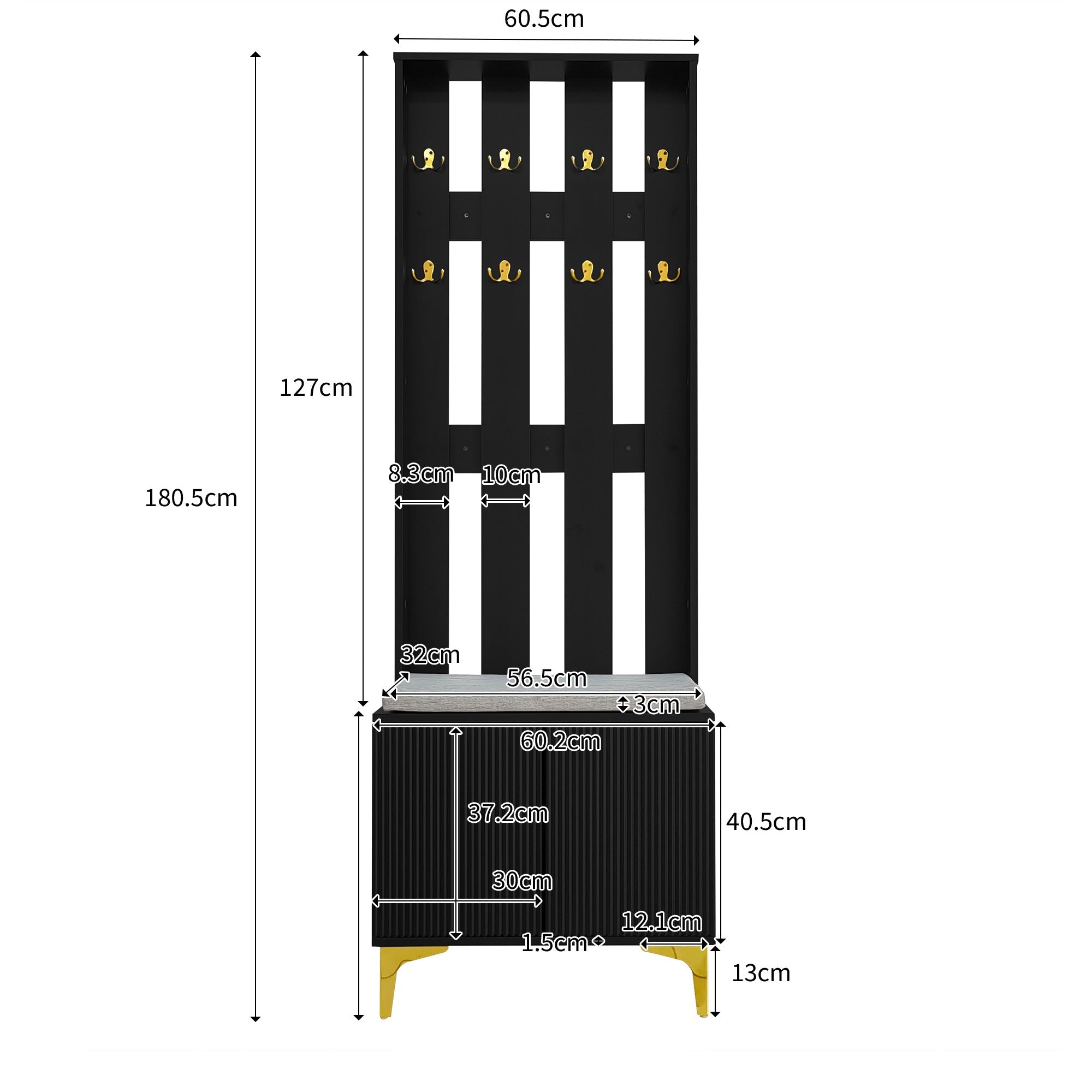 Wardrobe Set, Shoe Bench, Hooks, Drawers & Doors, Black Particleboard