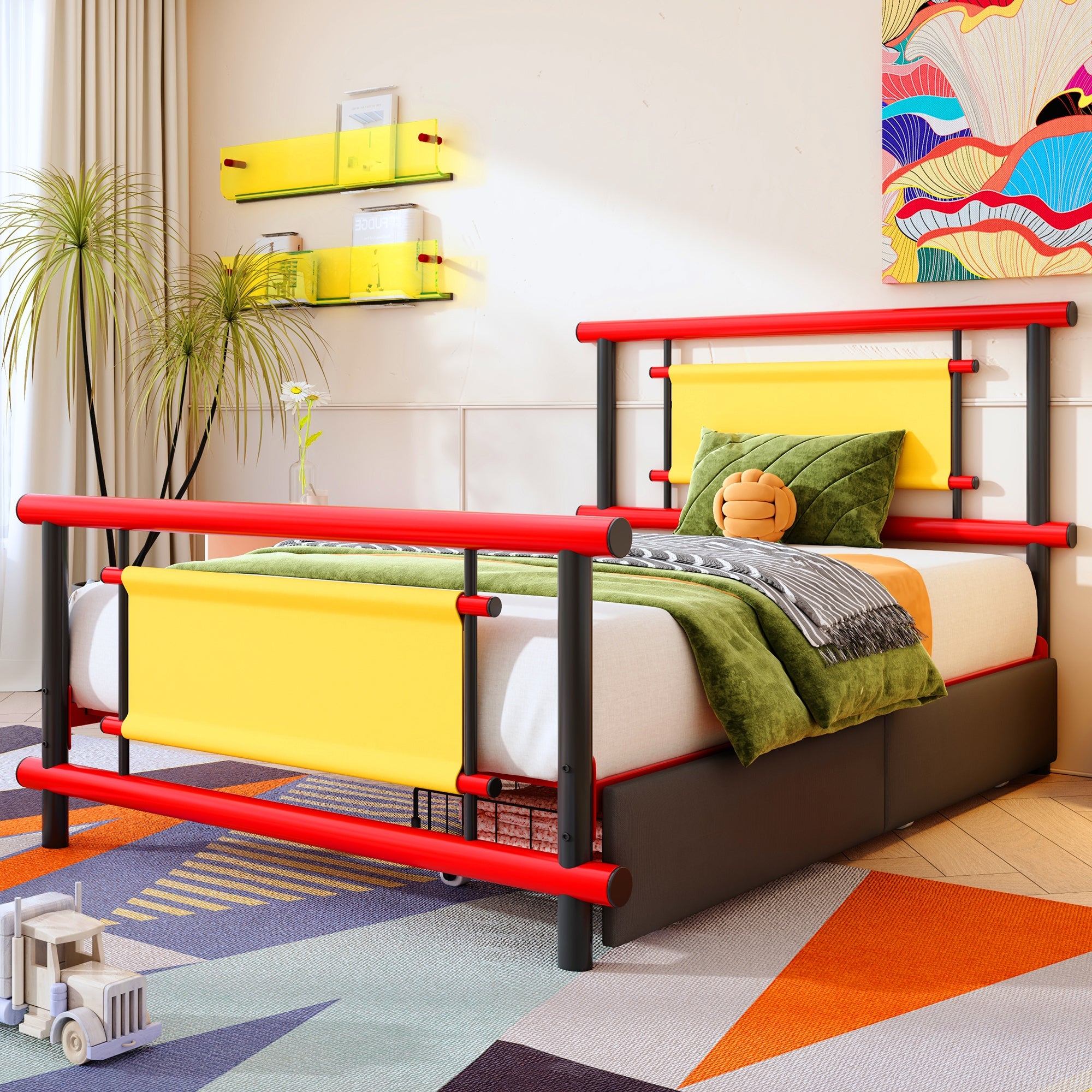 Metal Platform Bed with Drawers and Sturdy Steel Construction, 90x200cm, Red Metal
