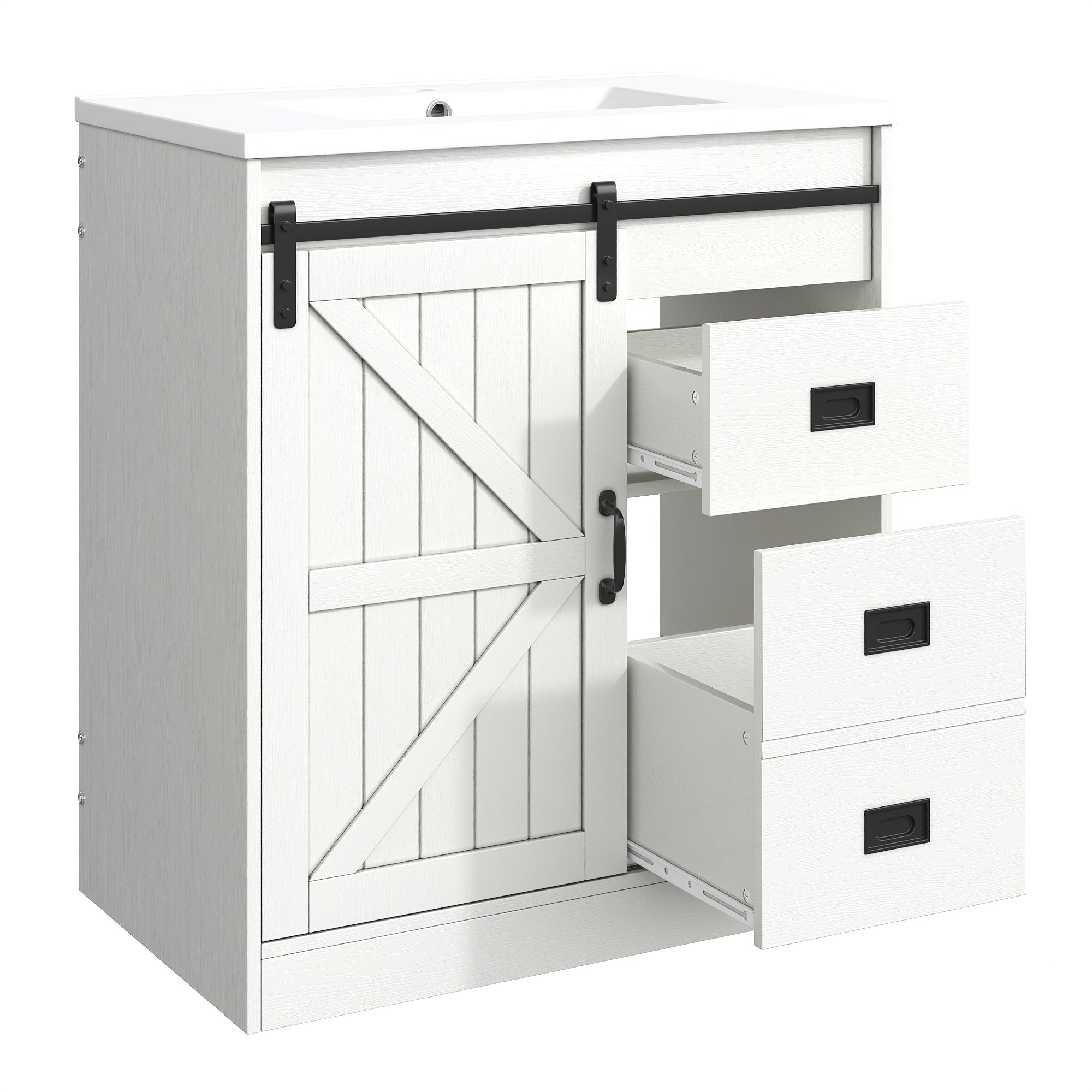 Bathroom Vanity Unit with Ceramic Sink and Barn Door Storage, White