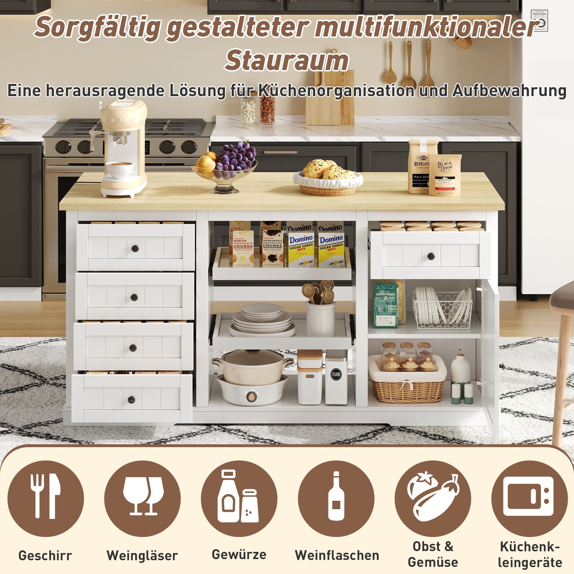 Sideboard/Kitchen Island/Bar Cabinet 5 Drawers 2 Shelves Extension Panel Sockets, White