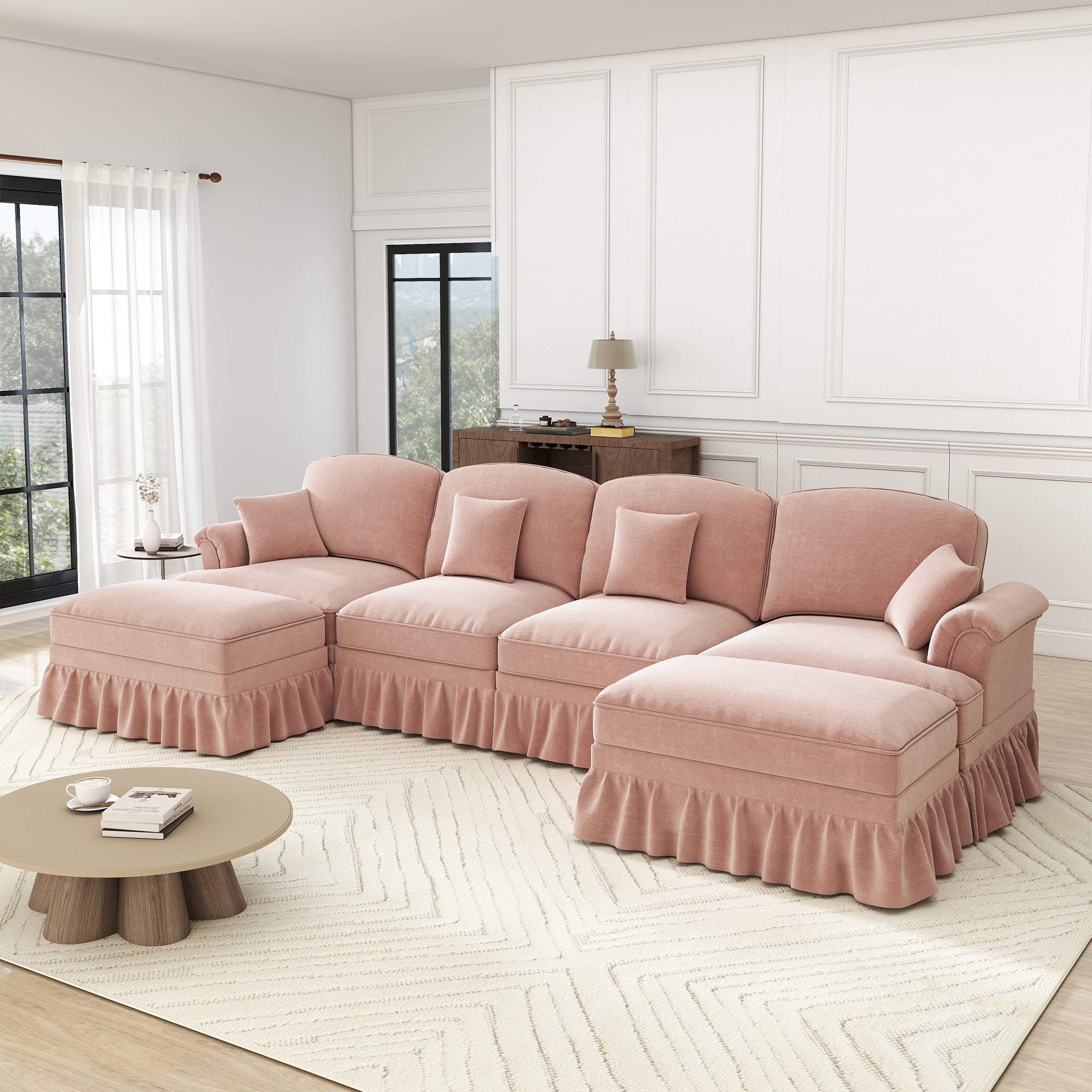U-shaped Modular Sofa 4-Seater Chenille with Ottoman - Pink