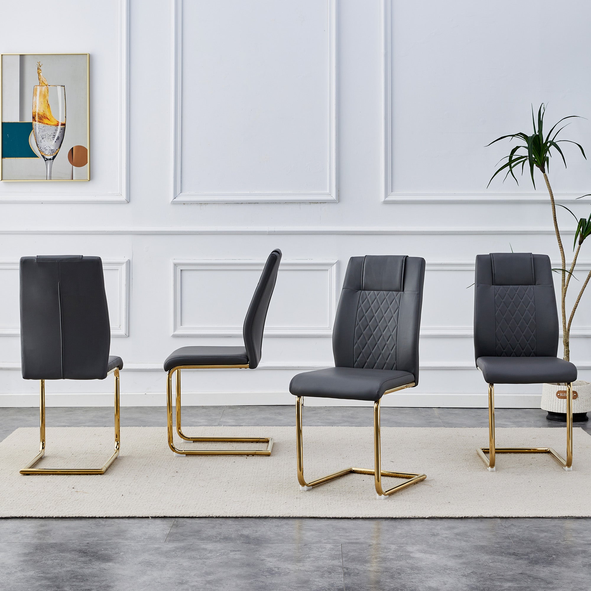 Scandinavian Dining Chairs Set of 4 Mesh Back Gold Legs - Dark Grey PU Leather