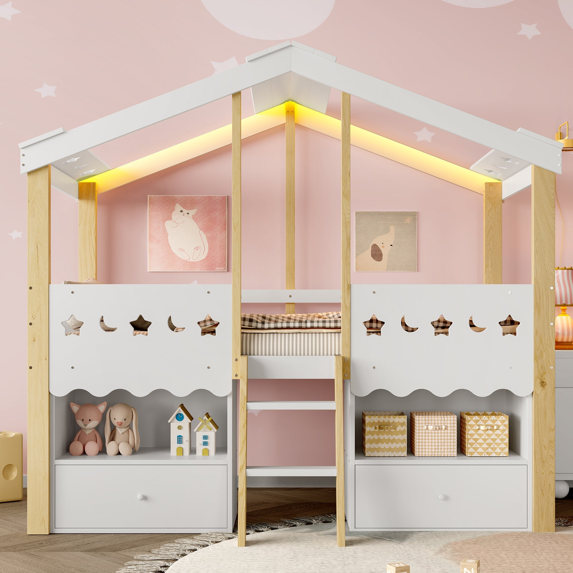 Mid-height Bed 90x200cm House Shape 2 Drawers LED Light - White/Natural