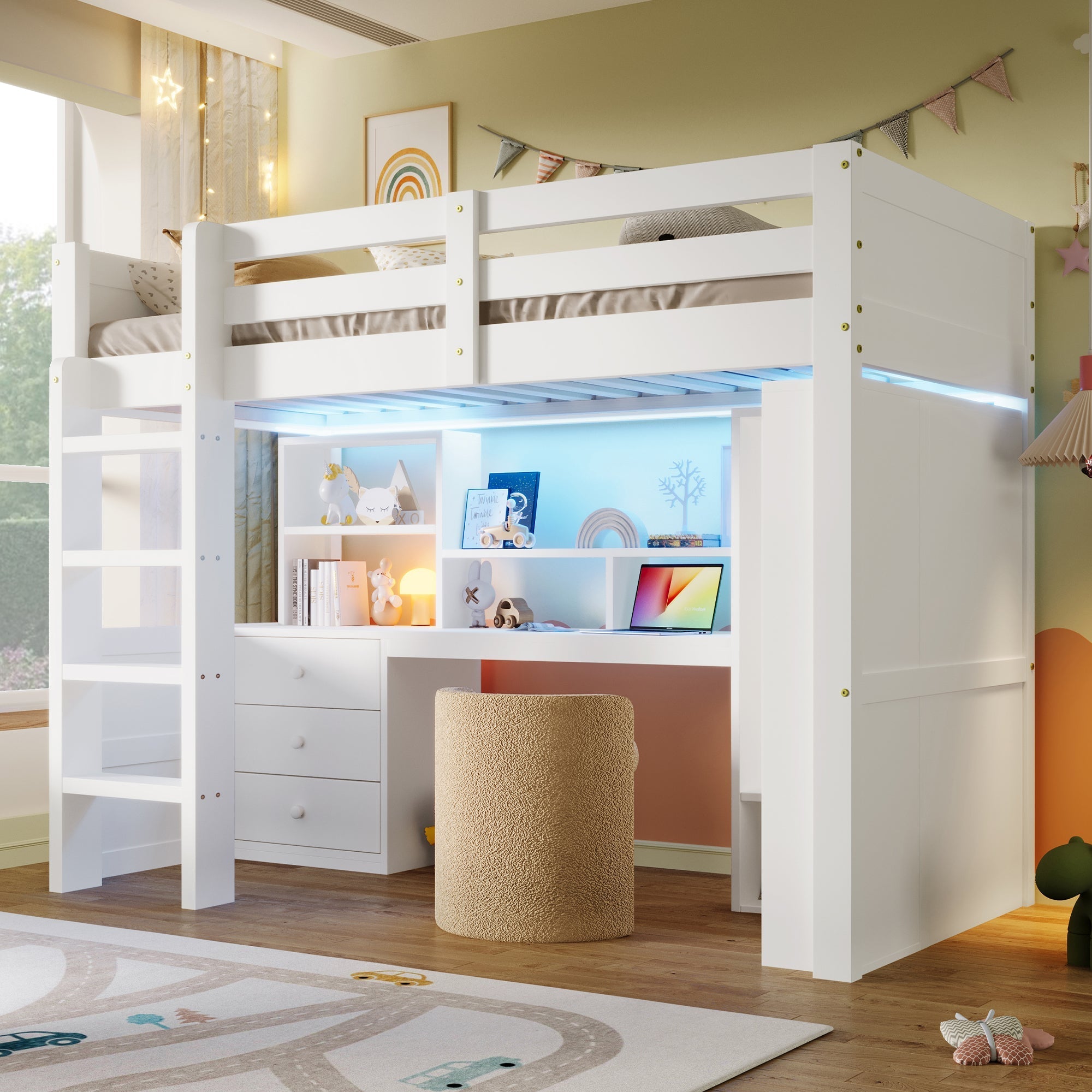 Loft Bed 90x200cm LED Wardrobe Desk Drawers Storage - White