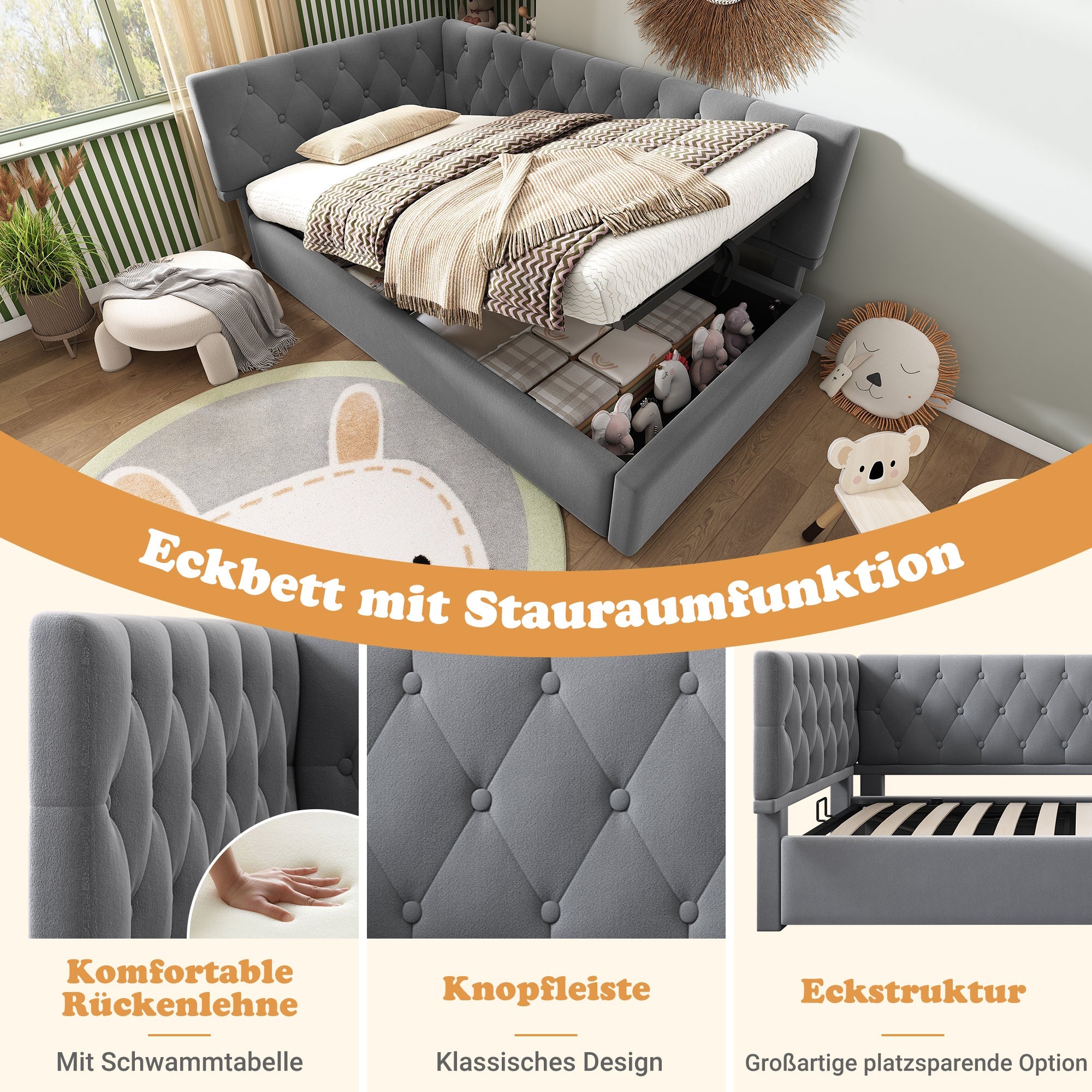 Upholstered Day Bed 90x190cm, Sofa Bed with Hydraulic Storage, Velvet Gray