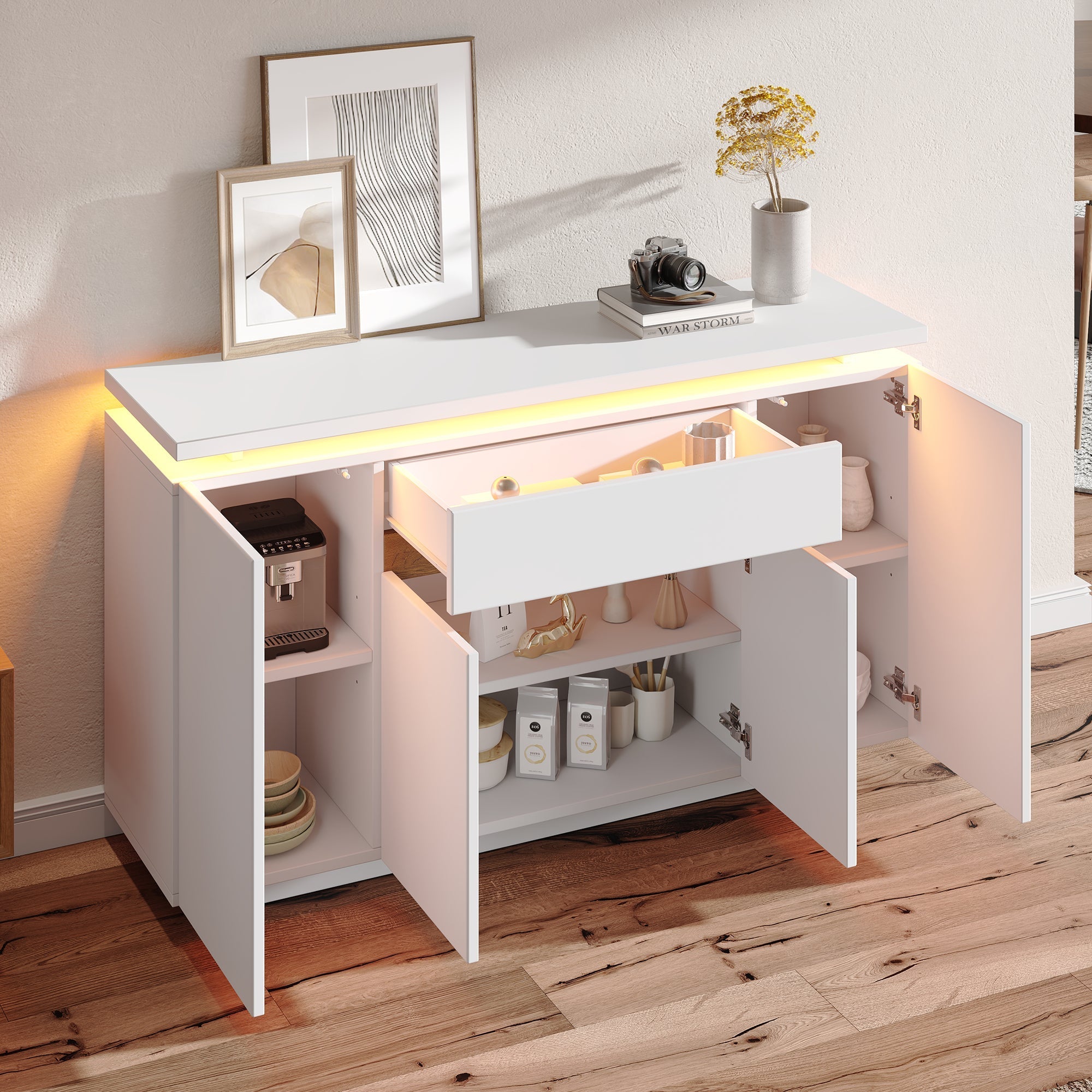 Sideboard Chest of Drawers LED Lighting 1 Drawer 4 Door Storage White