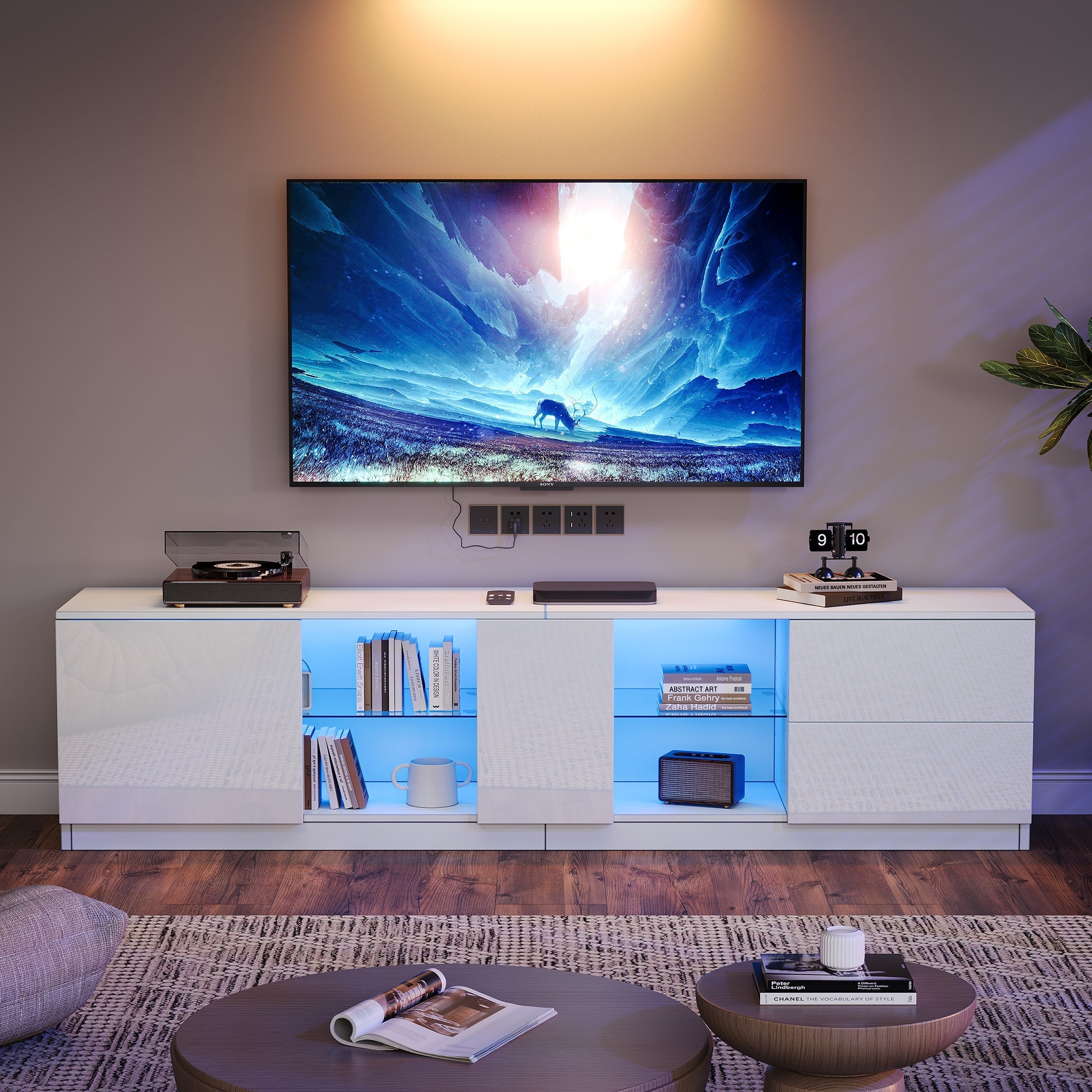 TV Stand 160 x 40 x 52 cm, High-Gloss with LED Lighting, for 65" TVs, Living Room and Bedroom