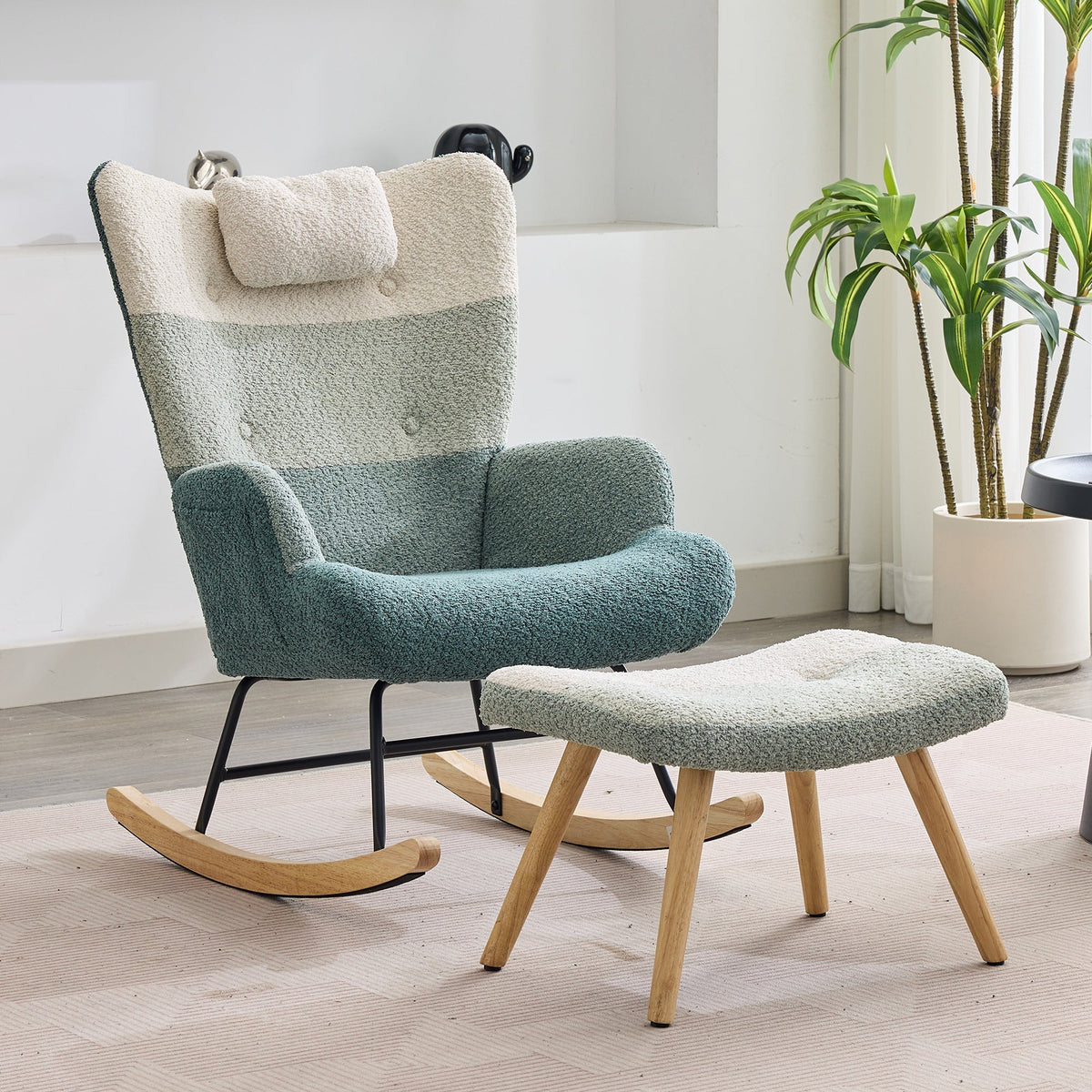 Boucle Rocking Chair Patchwork Stripe Rubberwood Iron Frame with Footstool, Colorful Look