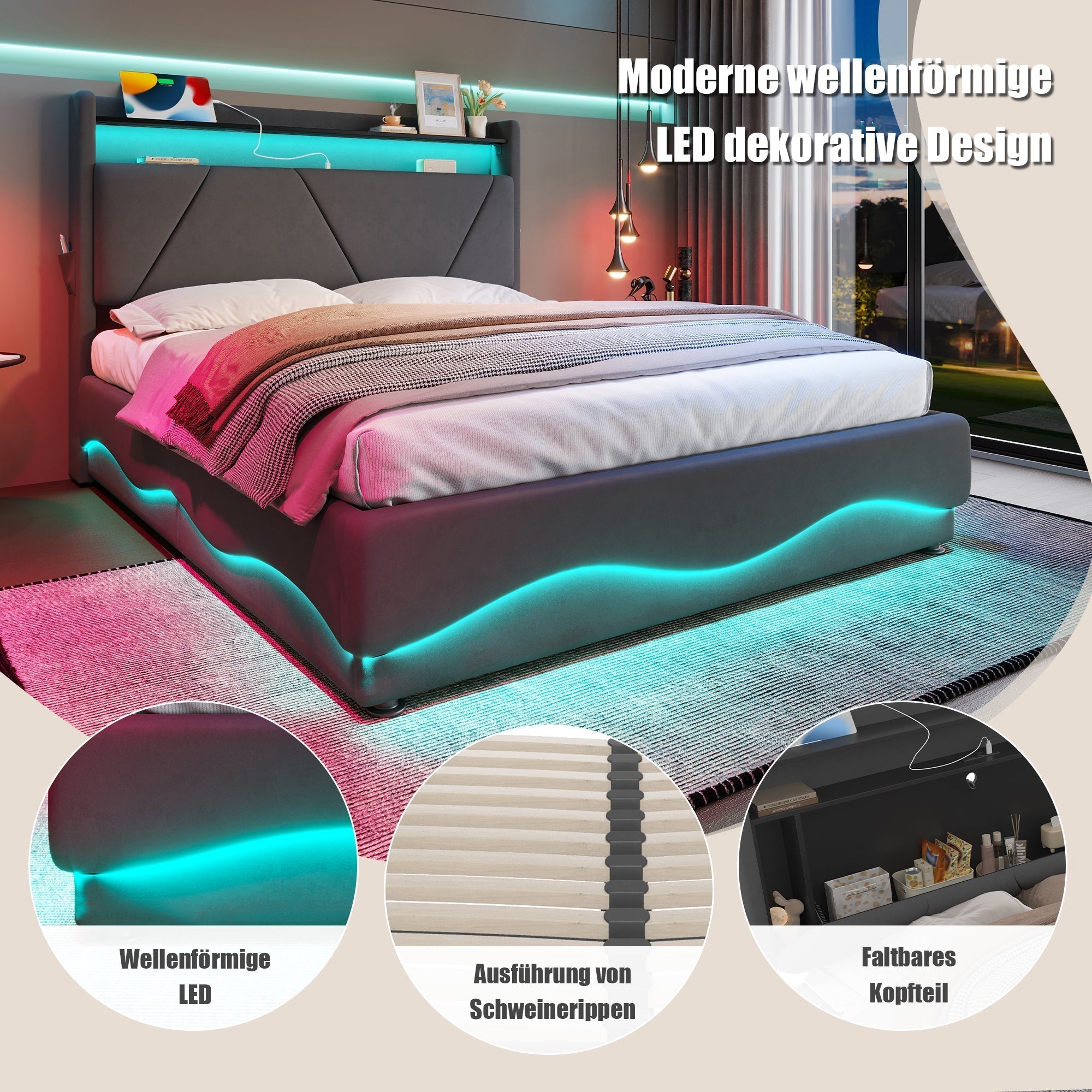 Modern Upholstered Bed, LED Headboard Storage USB Ports, 160 x 200 cm