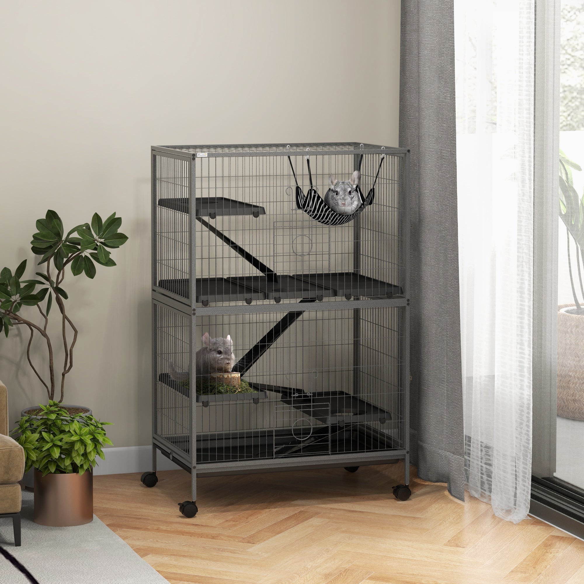 Rodent Cage, Multifunctional 4 Platforms 3 Ramps 4 Doors, Steel Grey Silver Black