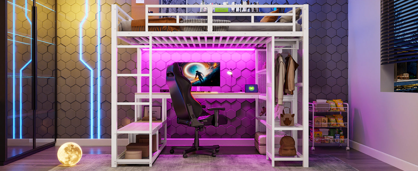 Metal Loft Bed with Wardrobe, USB Port and LED Lighting, White