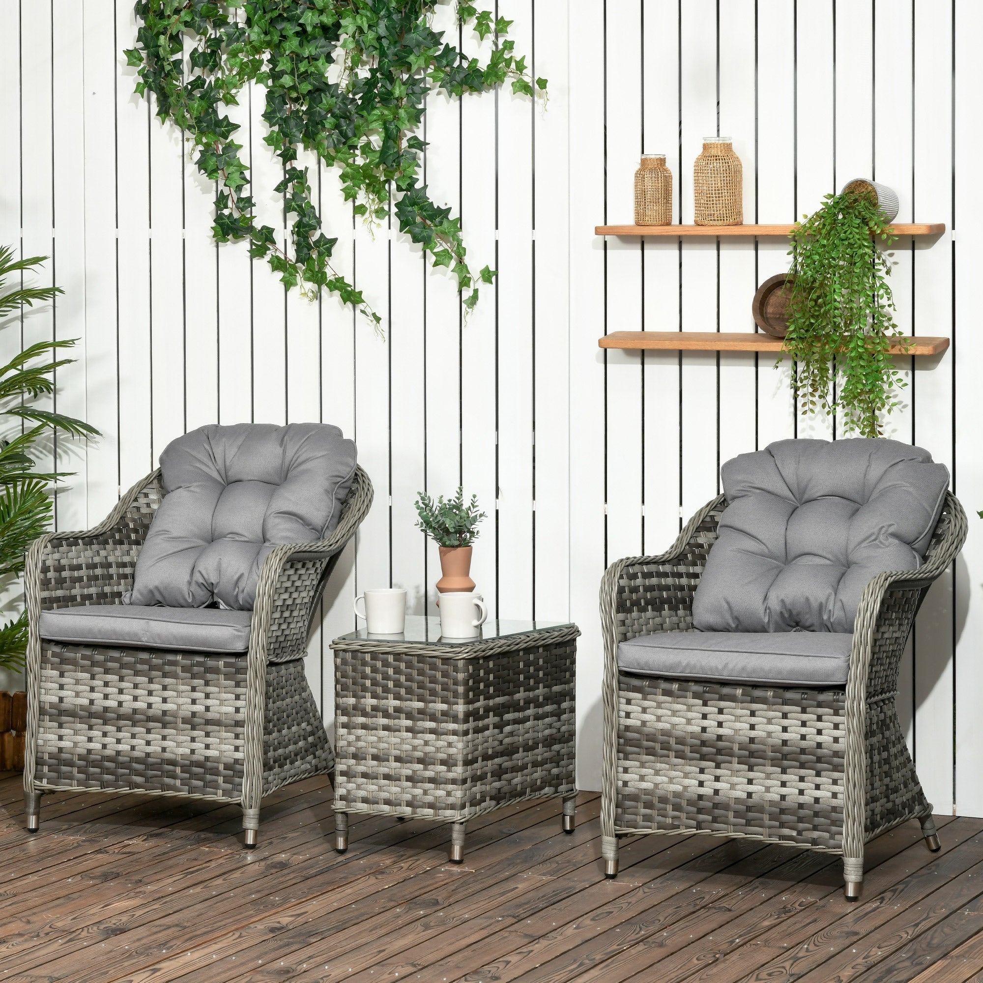 Rattan Bistro Set, 3 Piece Wicker Glass Table and Chairs with Cushions, Grey