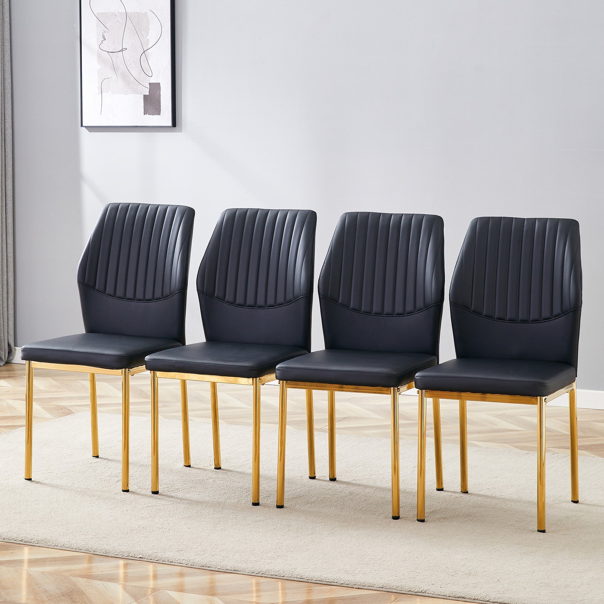 Chic Dining Chairs, Set of 4 with Vertical Embossing and Metal Legs, Black and Gold