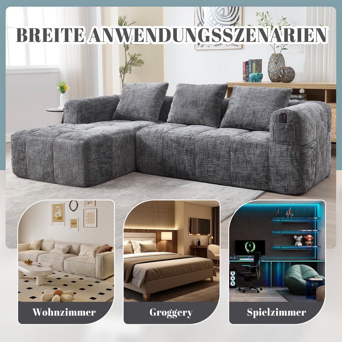 Modern Sectional Sofa L-Shaped 3-Seater Chaise Longue Storage Pocket Chenille Grey