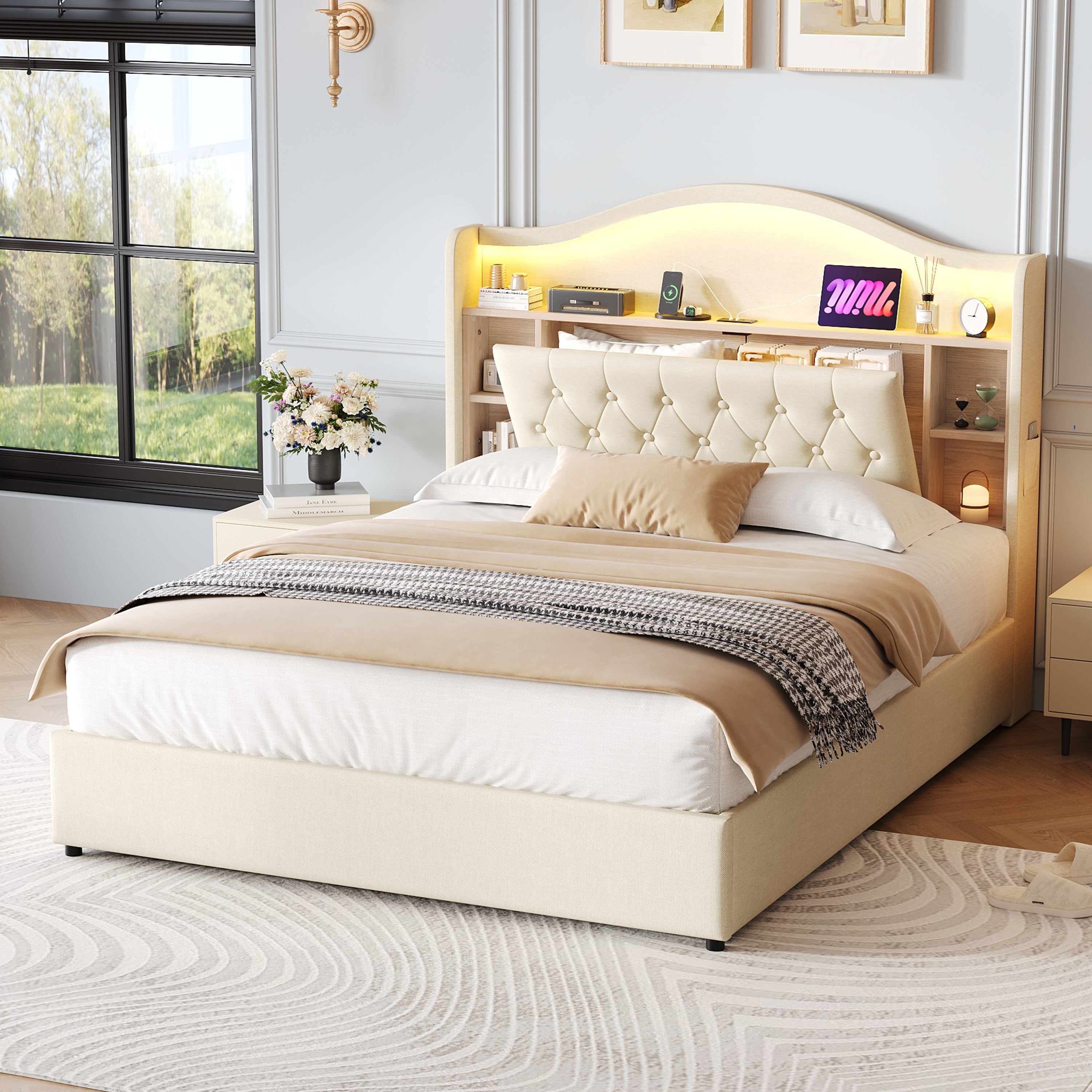 4ft6 Double Upholstered Bed Frame with Hydraulic Storage, LED Headboard & Charging Ports, Linen Beige