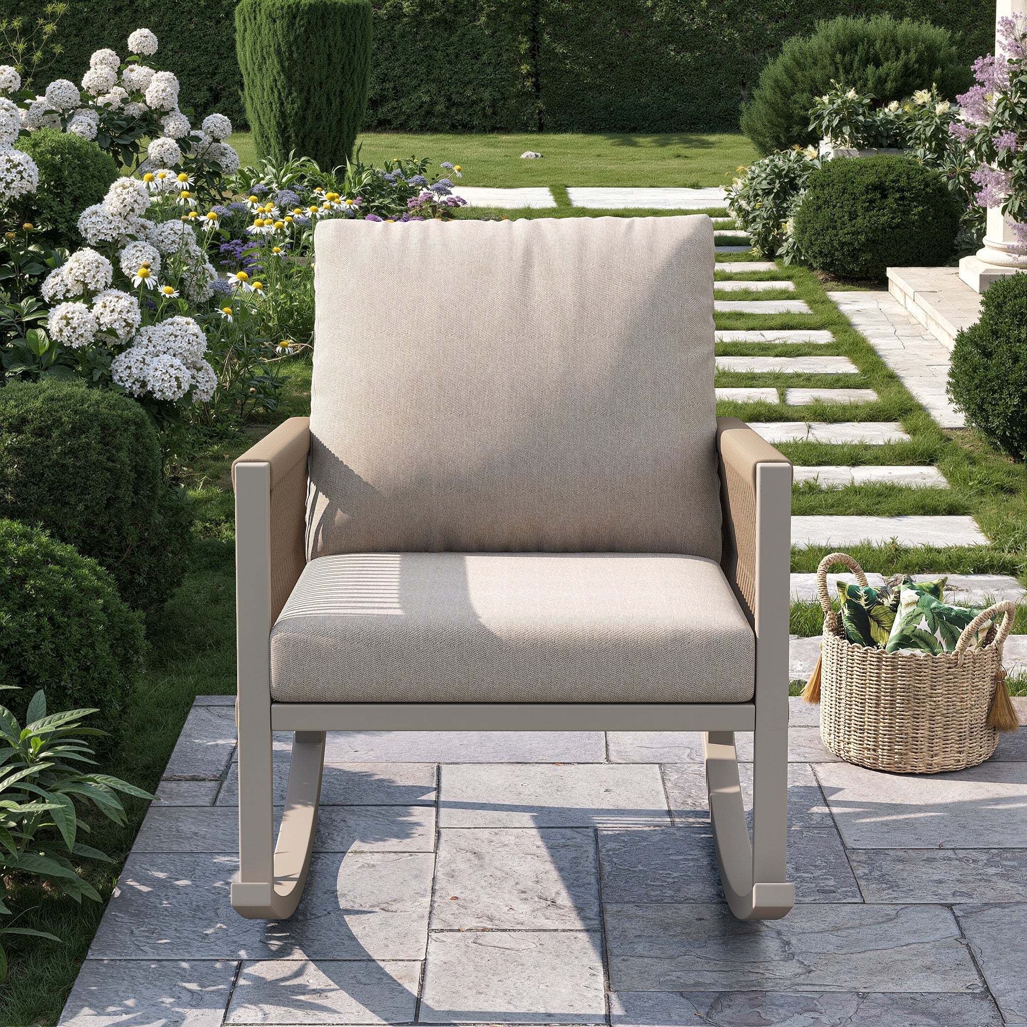 Outdoor Rocking Chair with Cross-Rope Weaving and Cushions, Weatherproof Metal Frame
