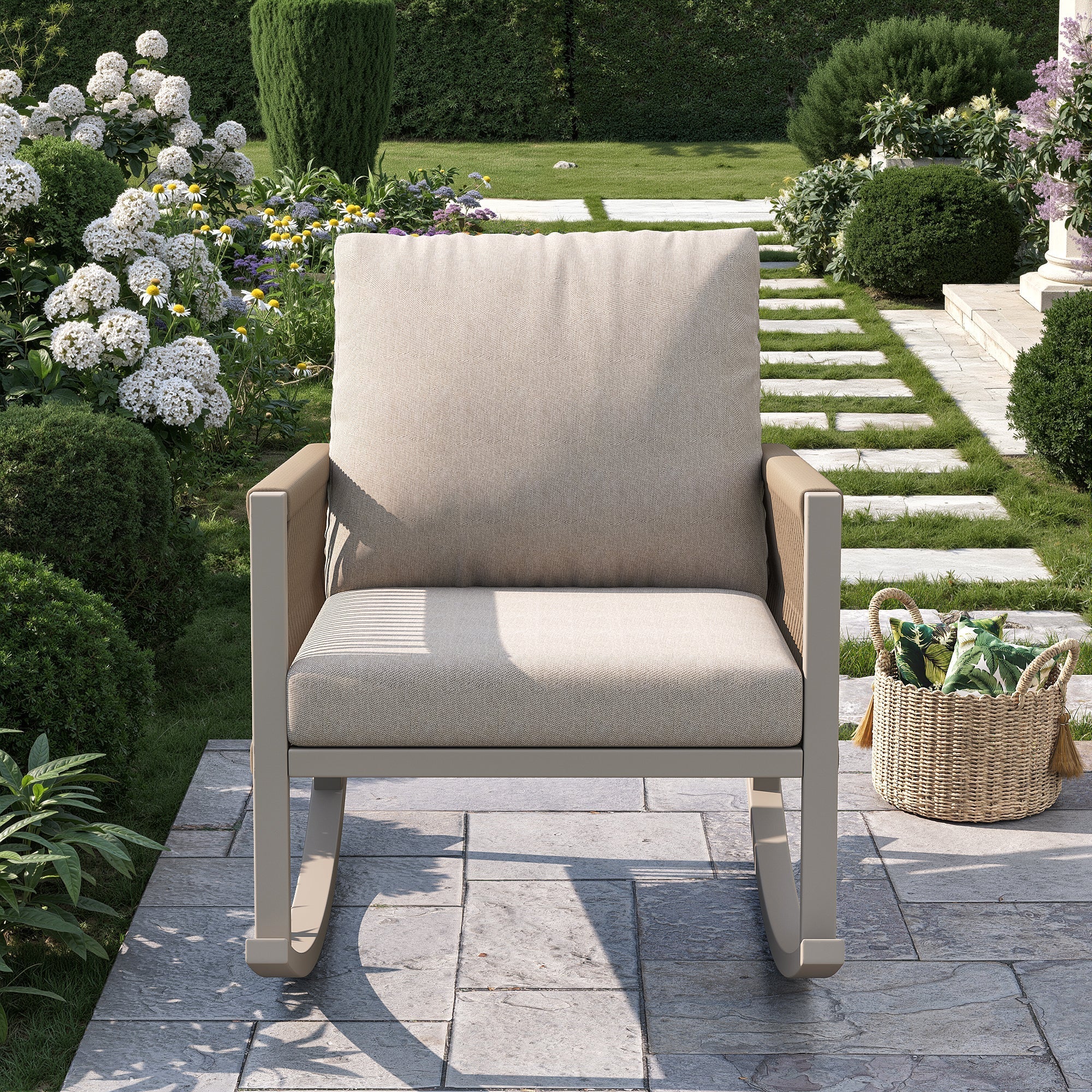 Outdoor Rocking Chair with Cross-Rope Weaving and Cushions, Weatherproof Metal Frame