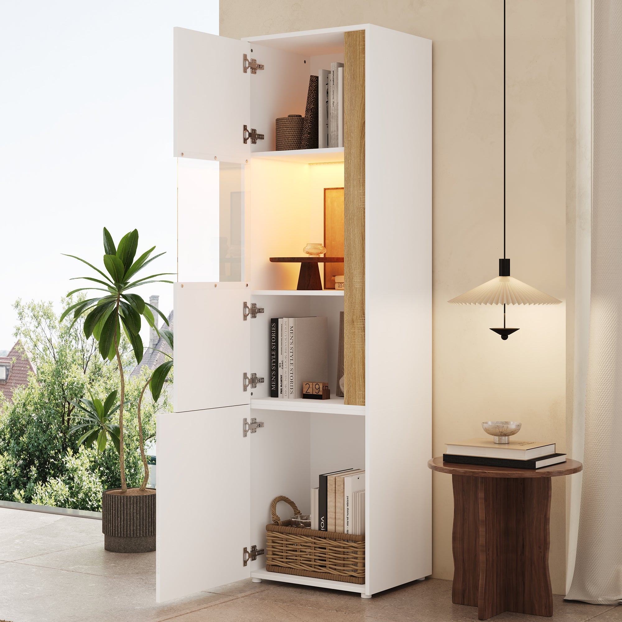 Display Cabinet Tall Storage Unit with LED Lighting 2 Doors White/Natural