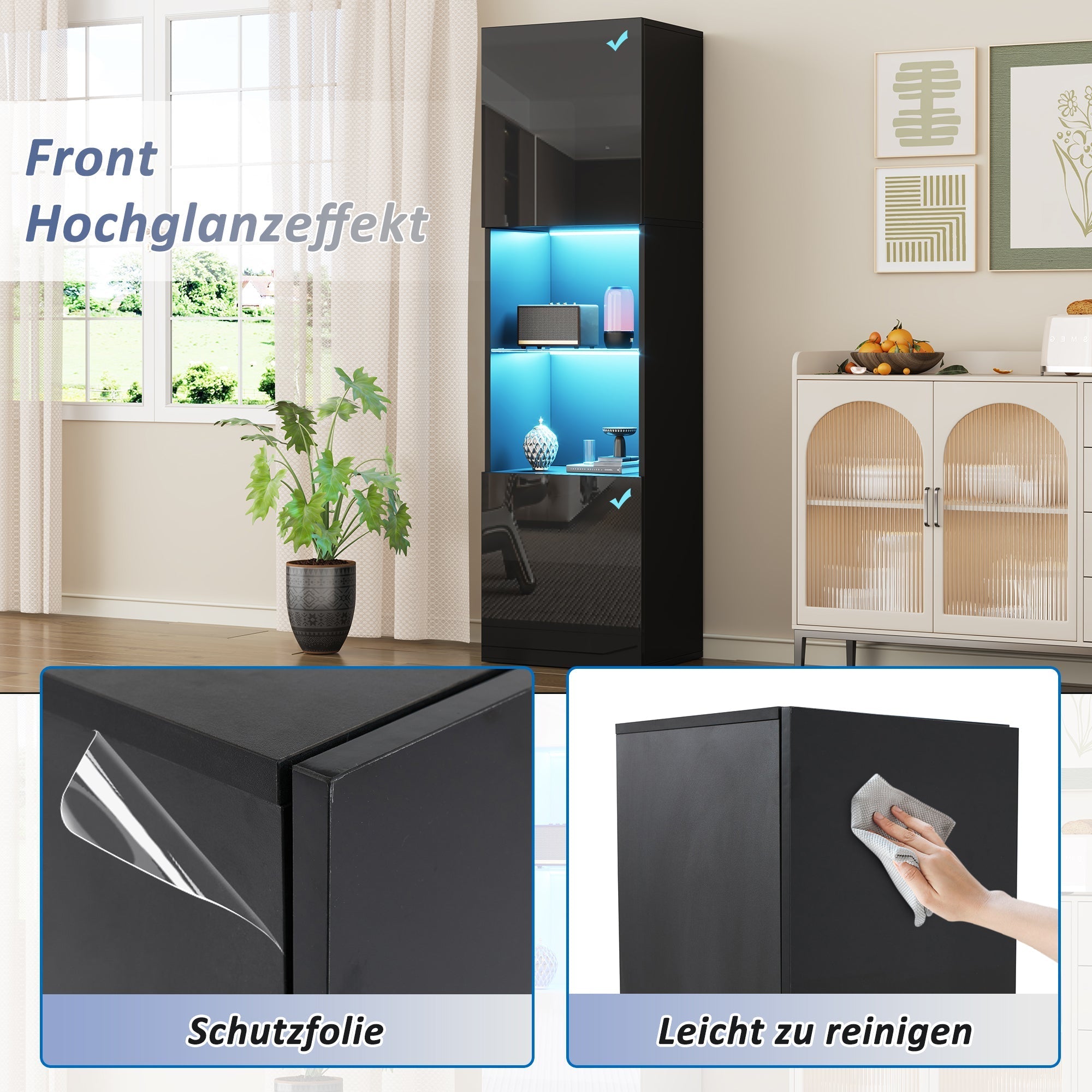 Display Cabinet, Freestanding with LED Lighting, 1 Glass Shelf, Black