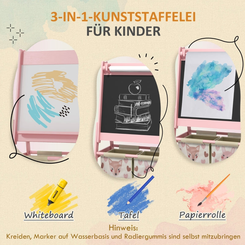 Children's Easel 3-in-1 Paper Roll Chalkboard Whiteboard Storage Baskets Pink