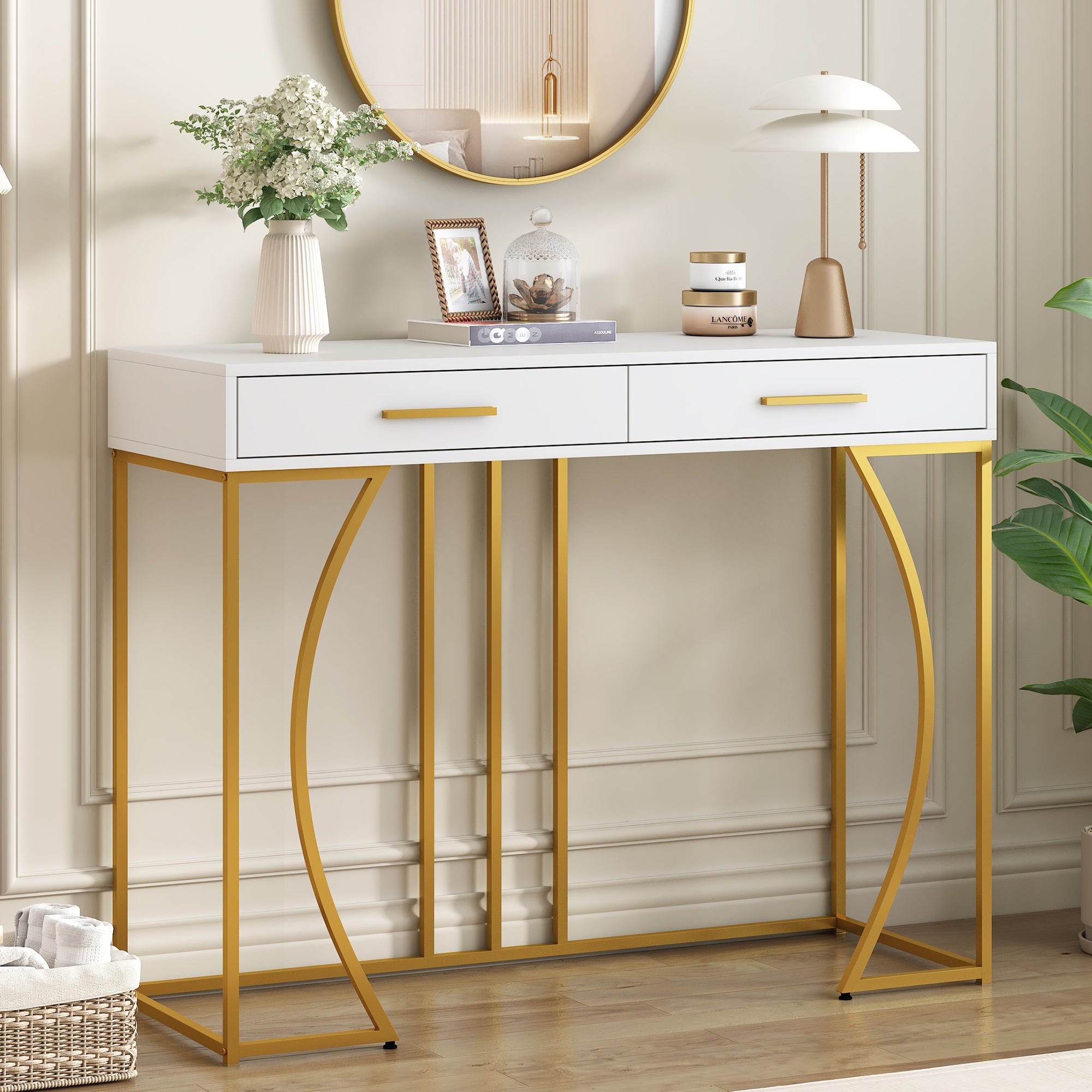 Console Table 2-Drawer Luxury Hallway Side Table 110x32x85 cm White/Gold