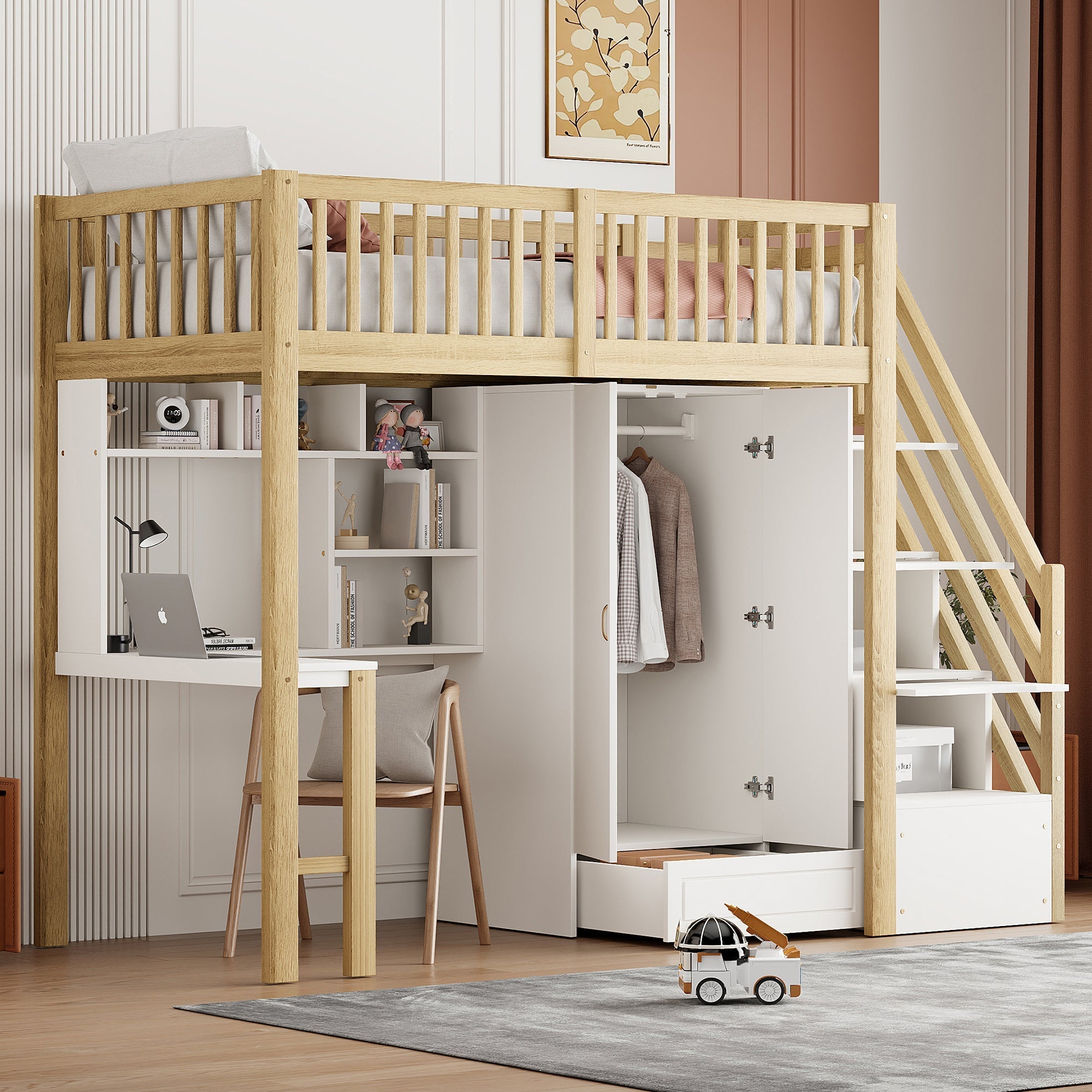 Loft Bed, 90x200 Wardrobe, Shelf, Table, Storage Stairs, Wooden