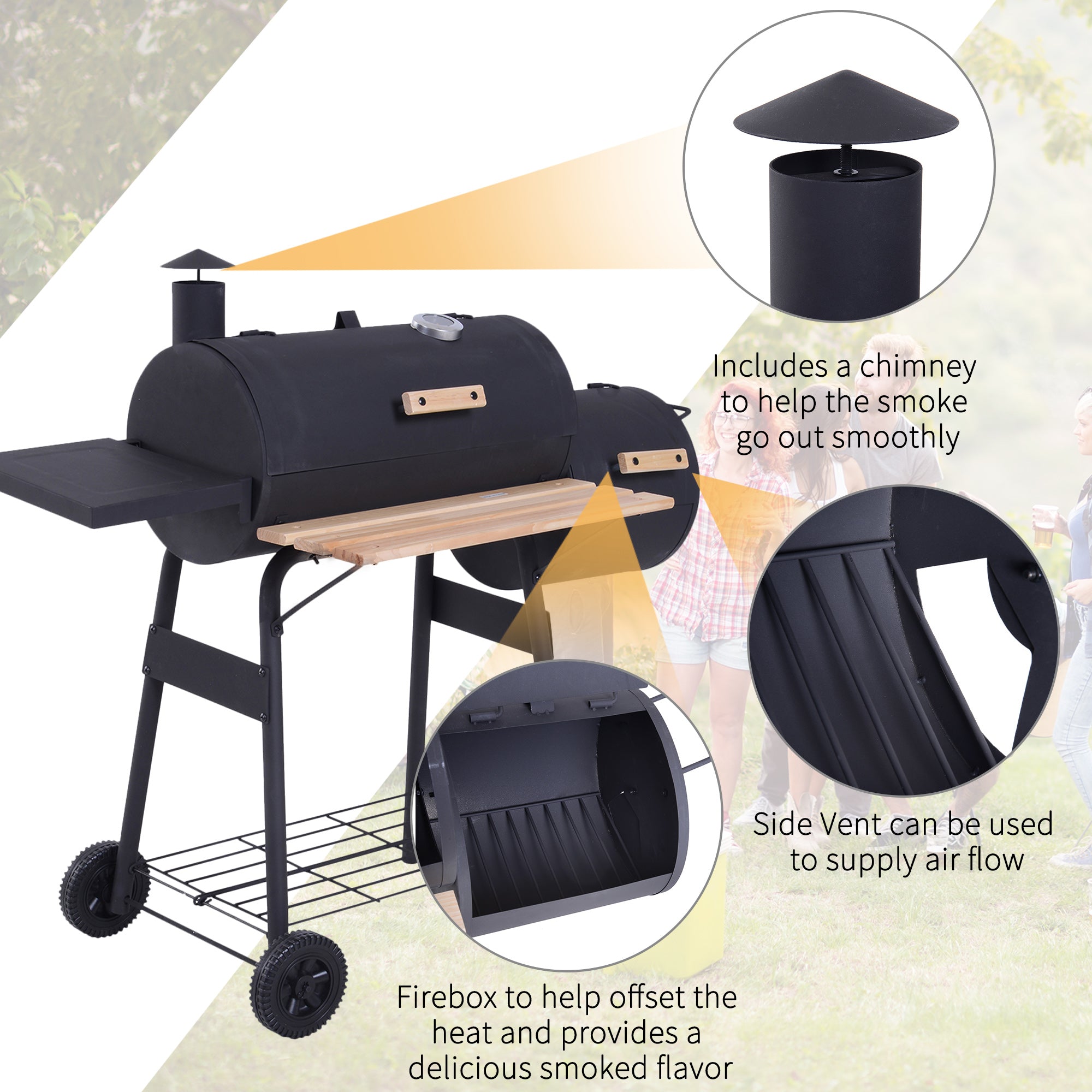 Portable Charcoal BBQ Grill, Cold-rolled Steel & Solid Wood, Black