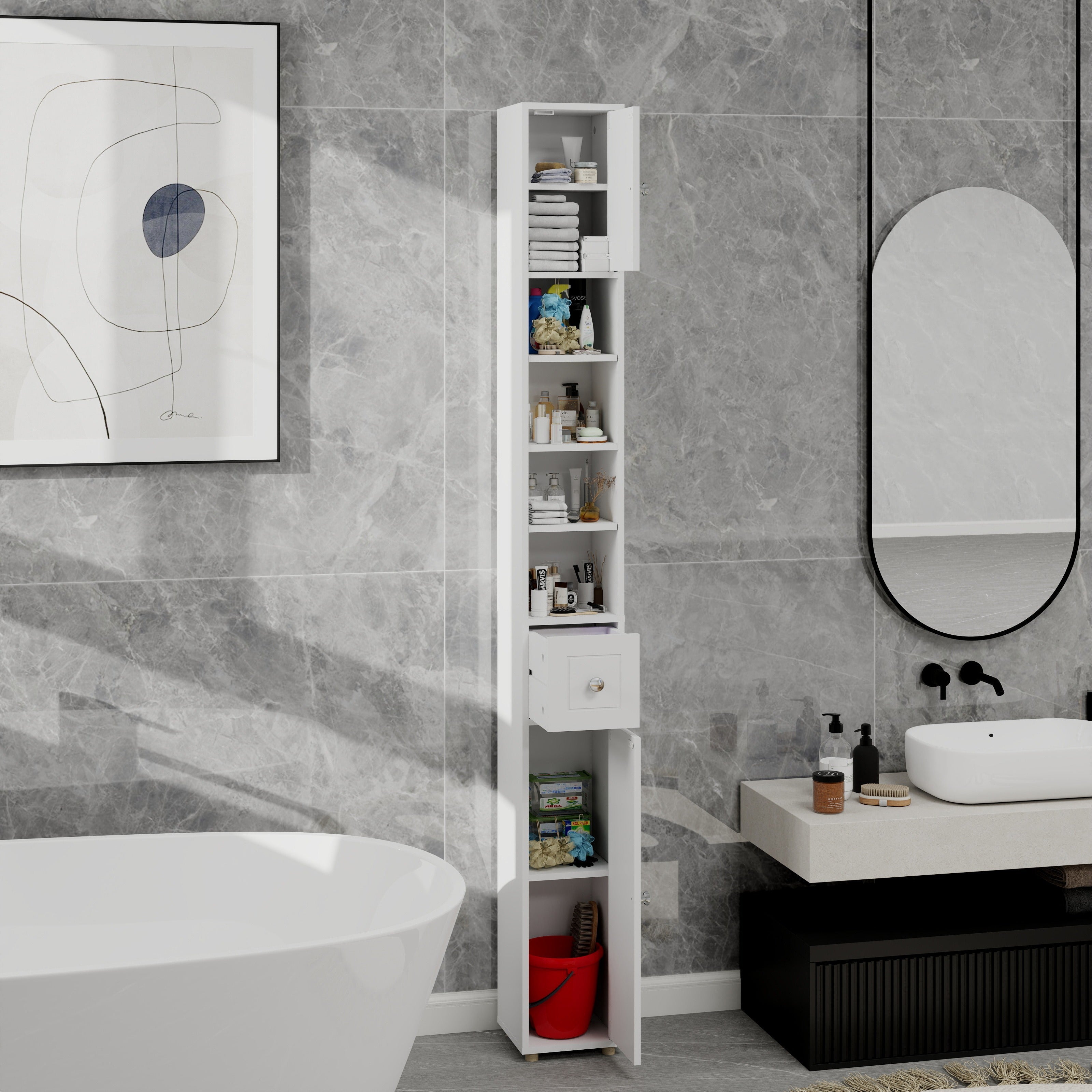 Tall Slim Bathroom Storage Cabinet, 71" Freestanding with 1 Drawer, 2 Doors, 4 Shelves-White