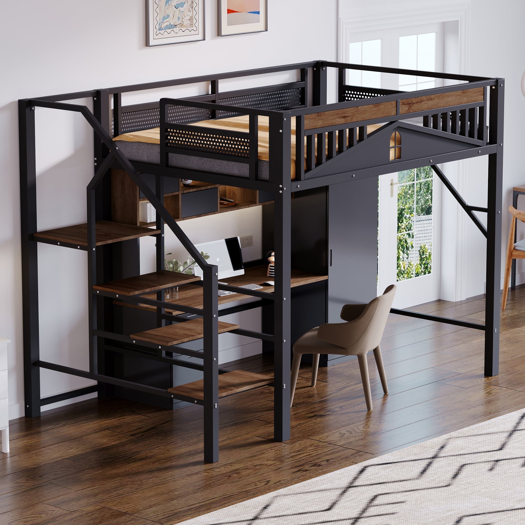 Loft Metal Bed 140x200 cm with Security Steps and Wood Accents, Black or White