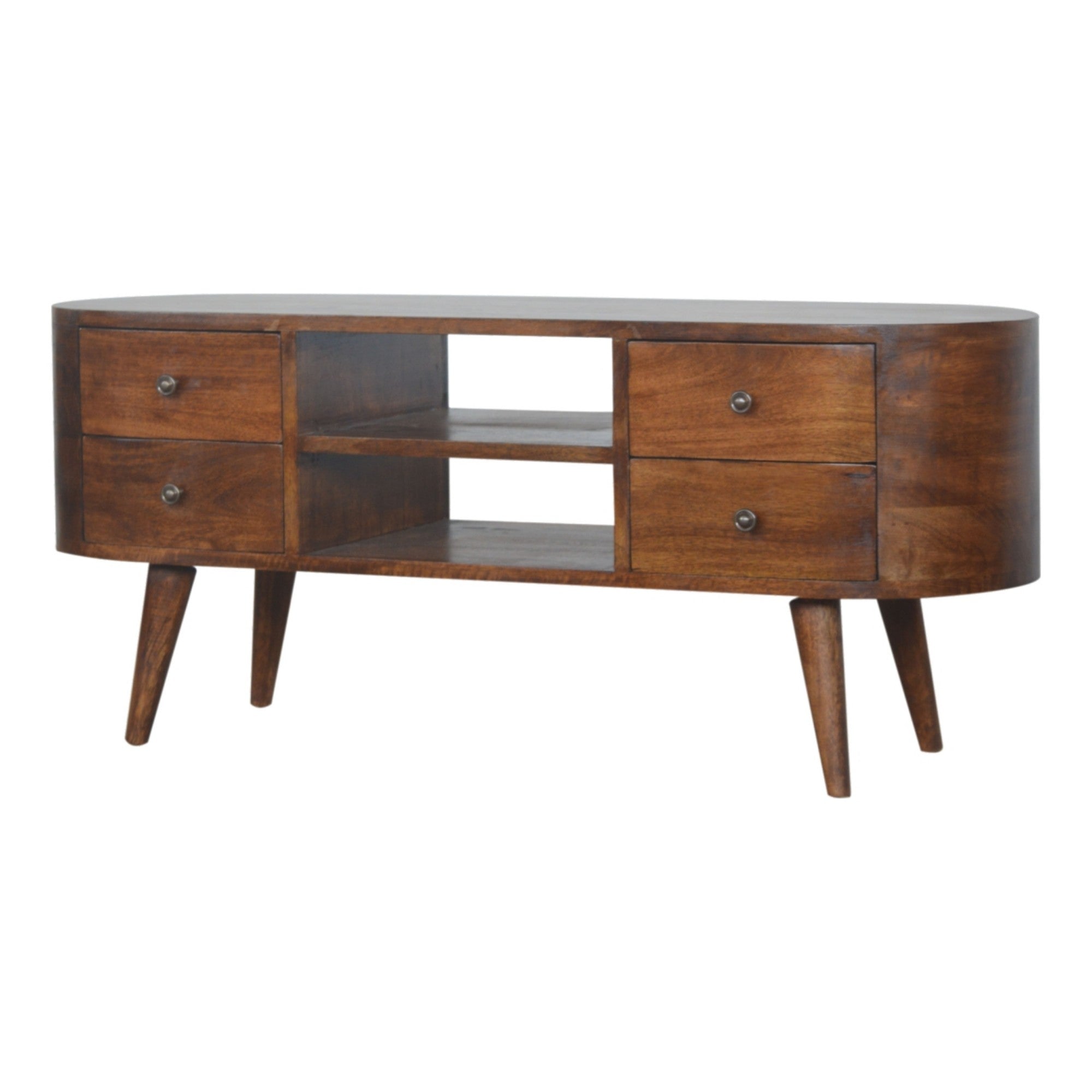 Solid Wood Entertainment Unit, Rounded 4 Drawers 2 Open Slots, Dark Brown Chestnut