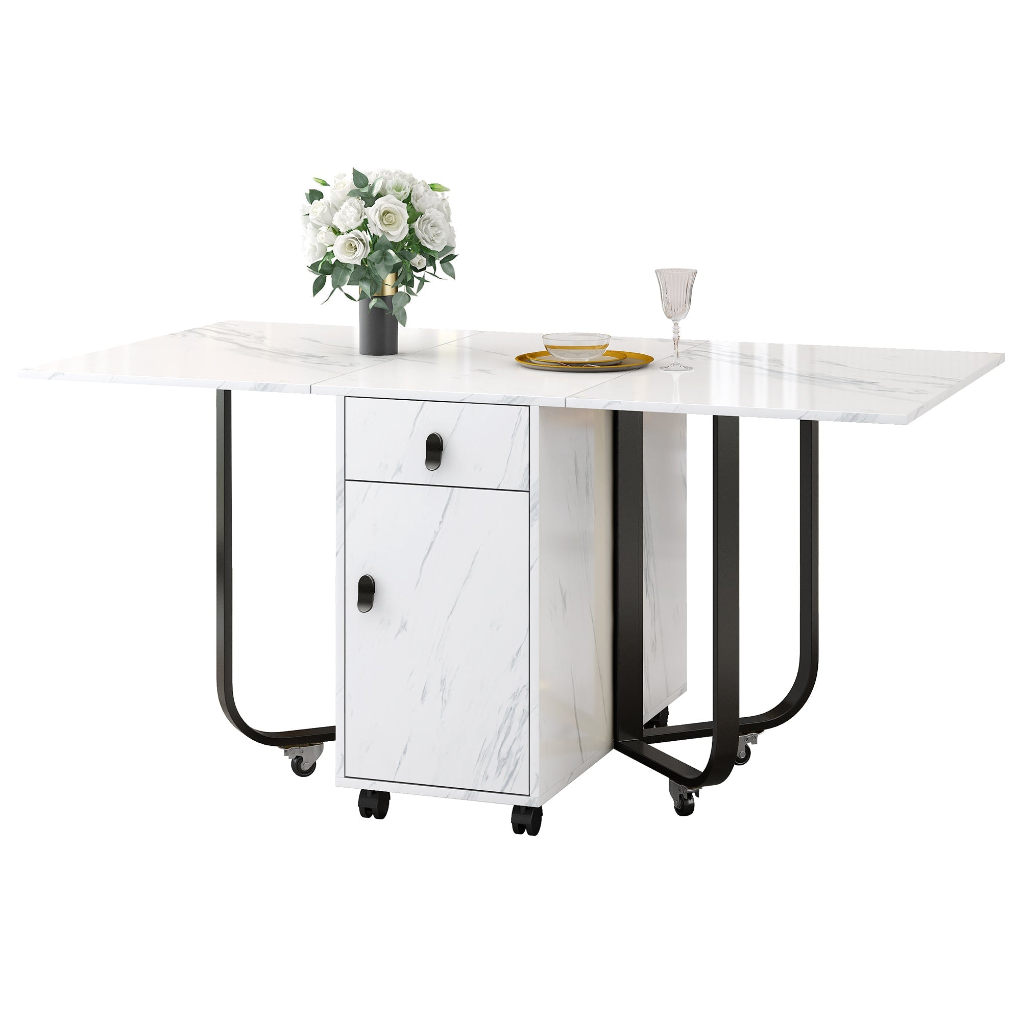 Folding Dining Table, Space-Saving with Cabinet and 2 Drawers, White/Black