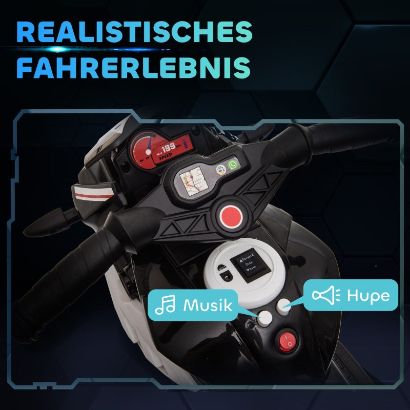 Electric Kids Motorcycle, Lights & Sounds, 3 km/h, Rechargeable, Black/White