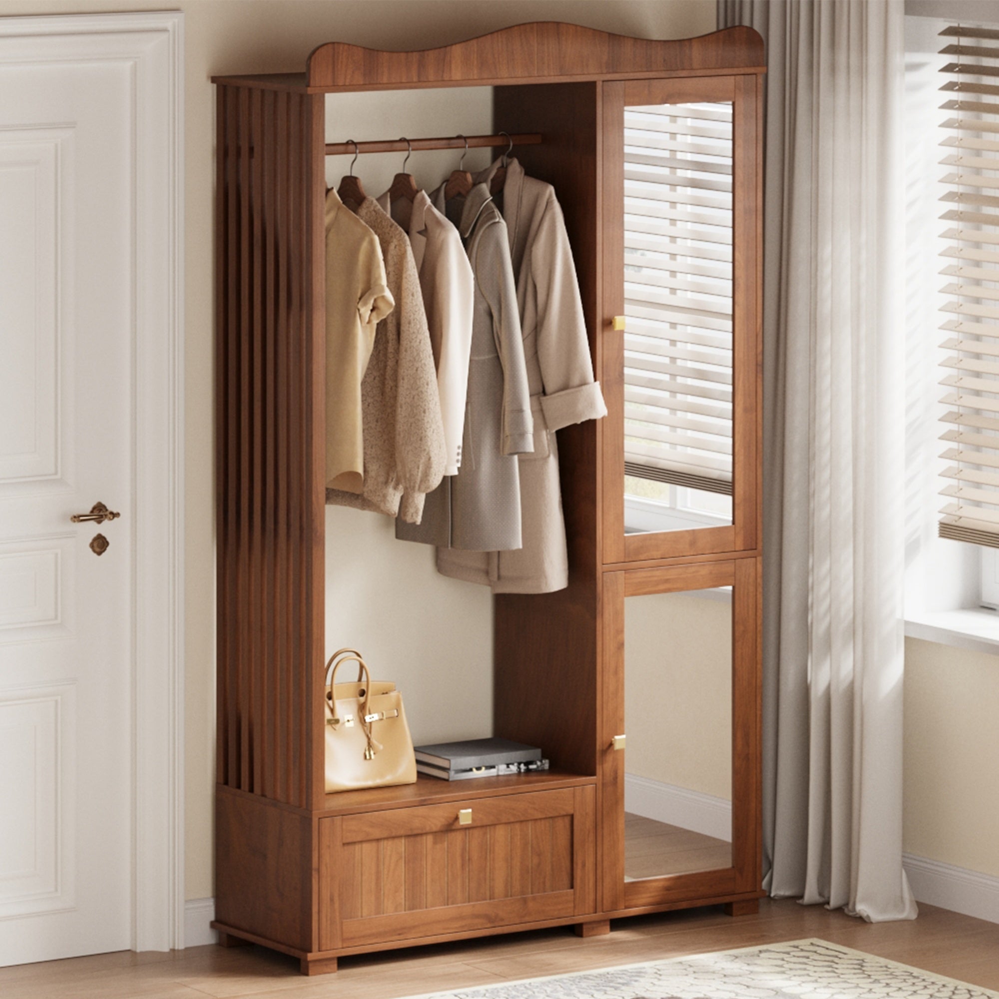 Wardrobe with Mirror and Open Clothes Rack, Drawer and 2 Doors, Natural Wood and Glass