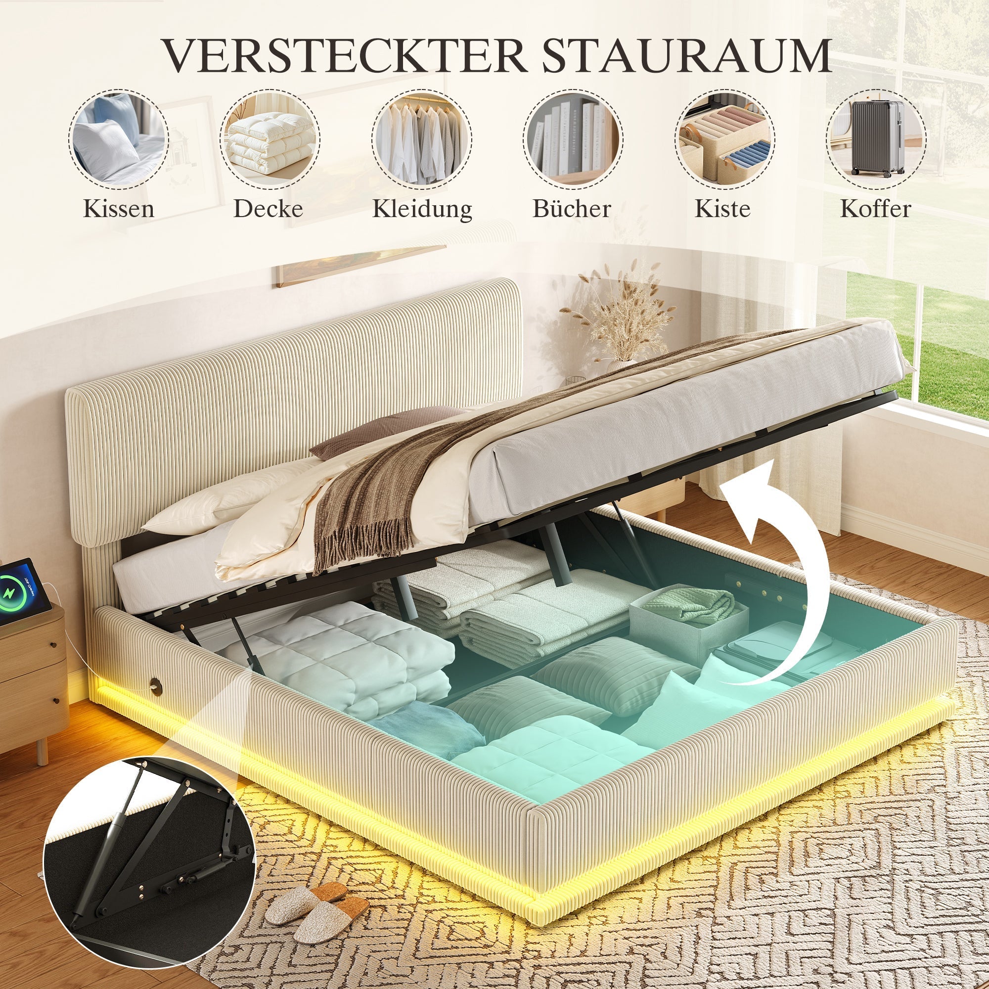 Modern Upholstered Bed with LED Lighting, USB-C and Storage, Corduroy Beige