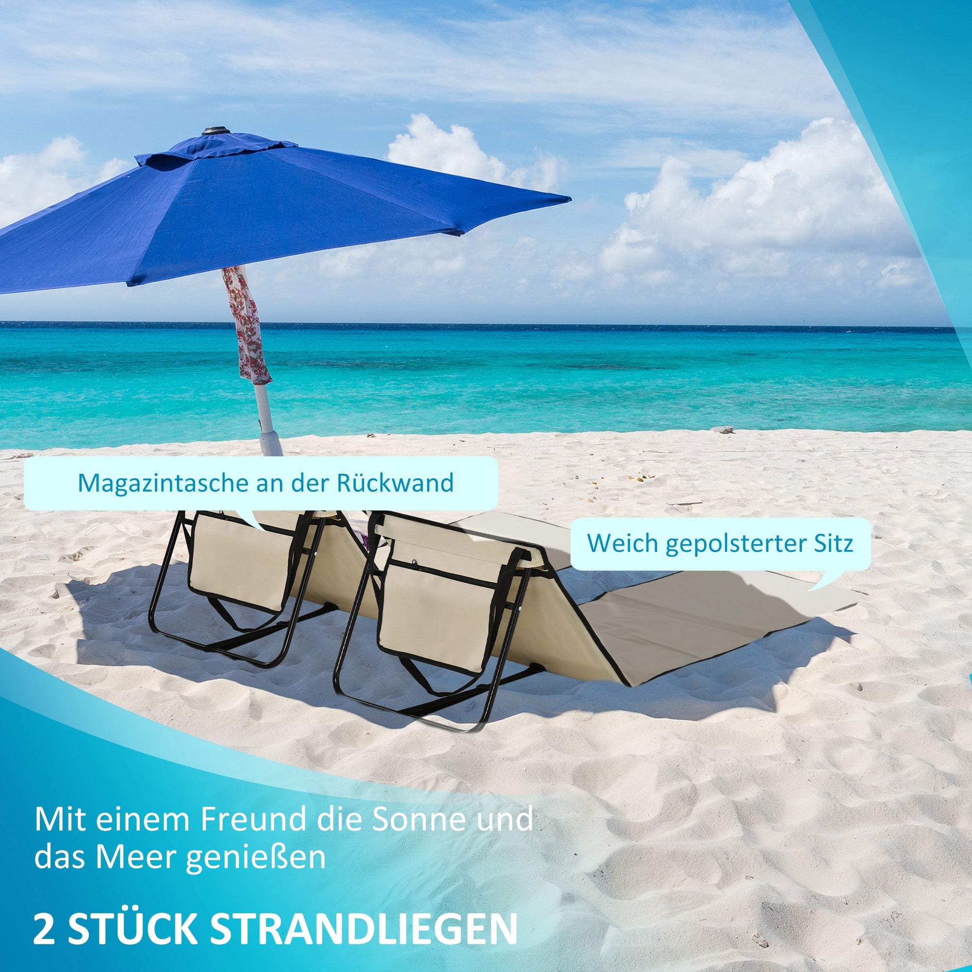 Set of 2 Foldable Beach Mats and Sun Loungers, Adjustable with Carrying Bag and Pocket, Steel/Oxford Fabric