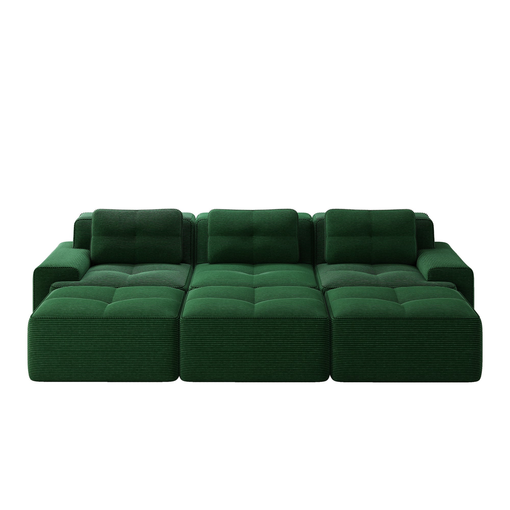 Frameless Modular Corner Sofa Sleeper with 3 Ottomans - Green Corduroy