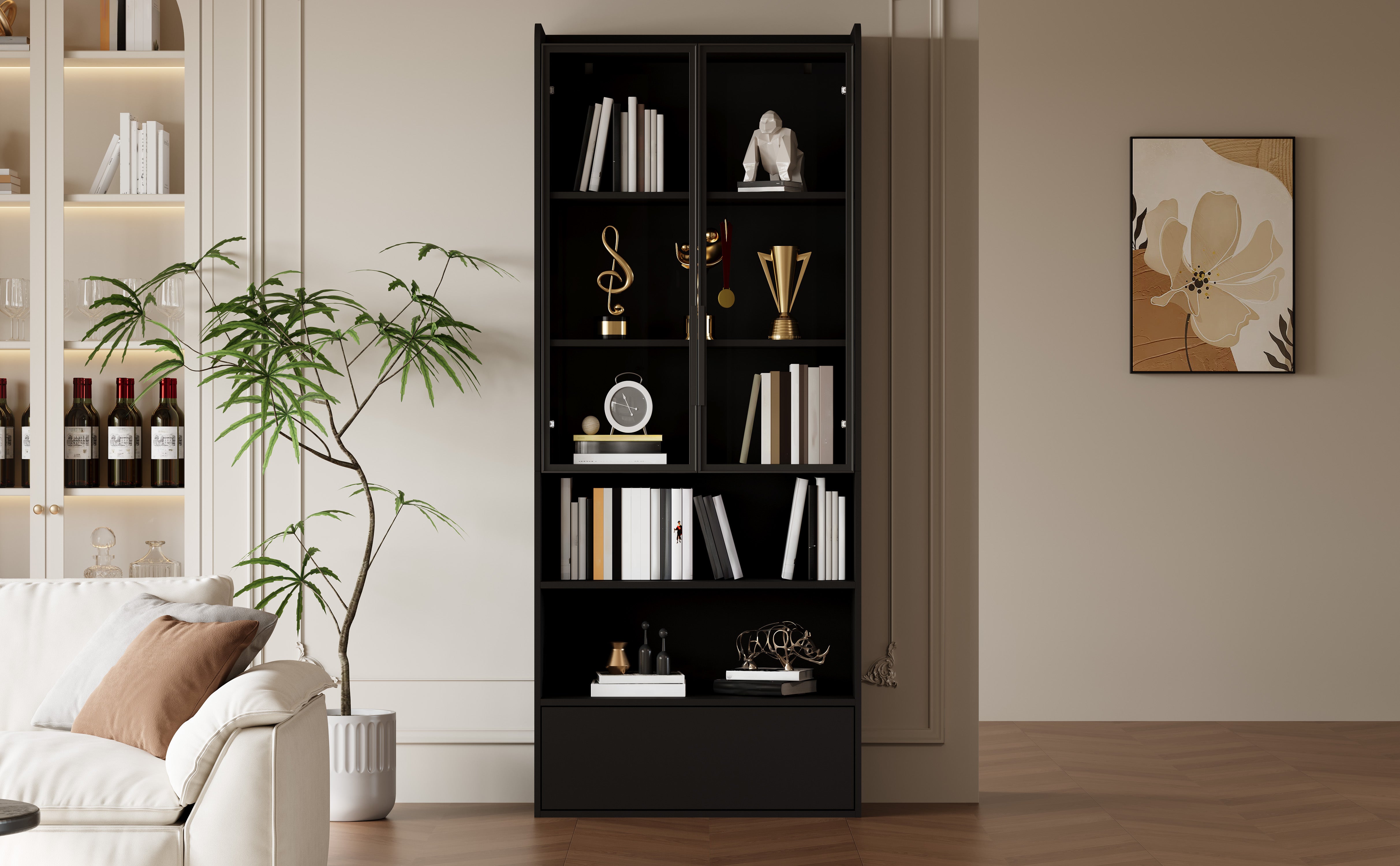 Tall Display Cabinet with 1 Drawer, LED Lighting and Glass Doors, Black