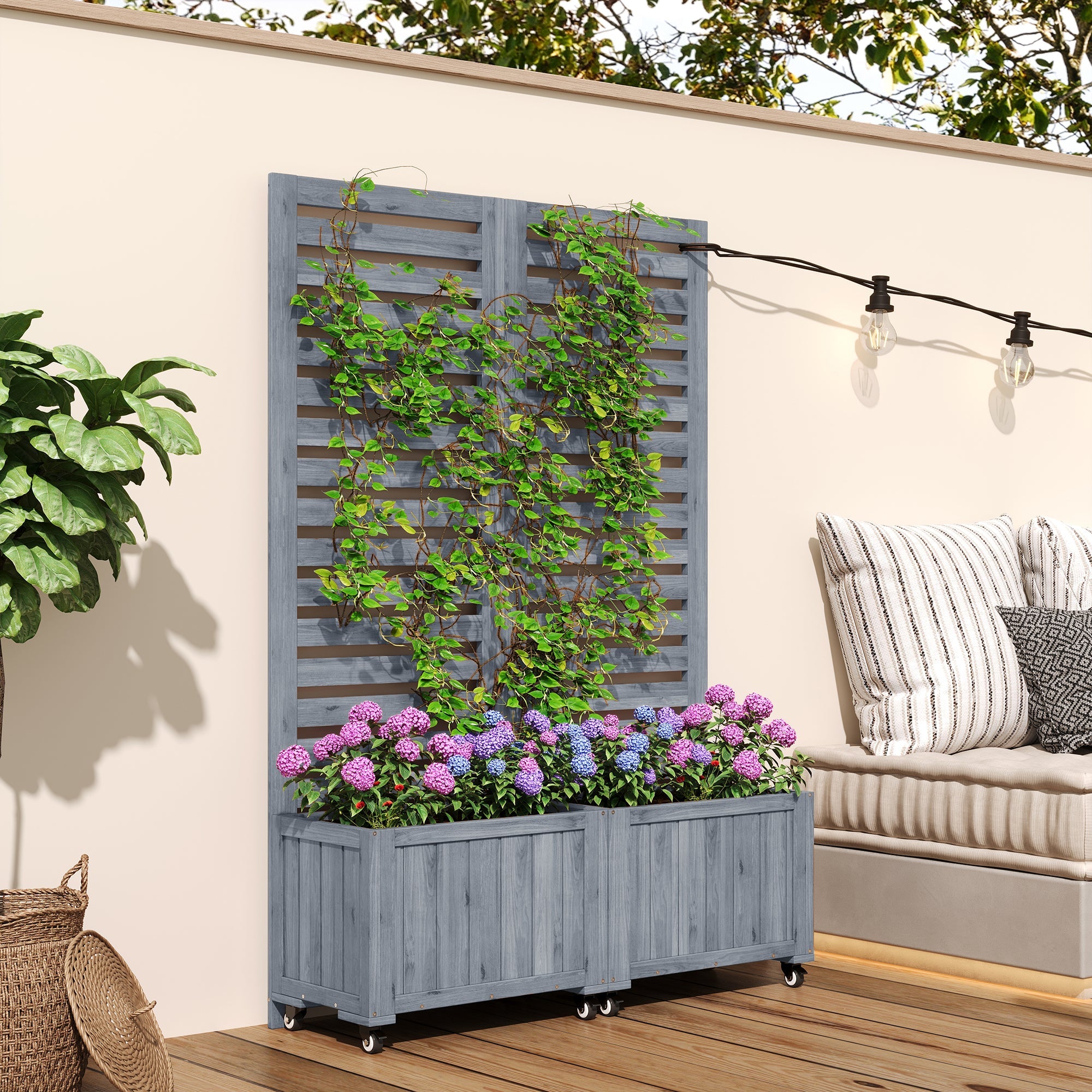 Outdoor Planter with Trellis and Universal Wheels, Grey Wood