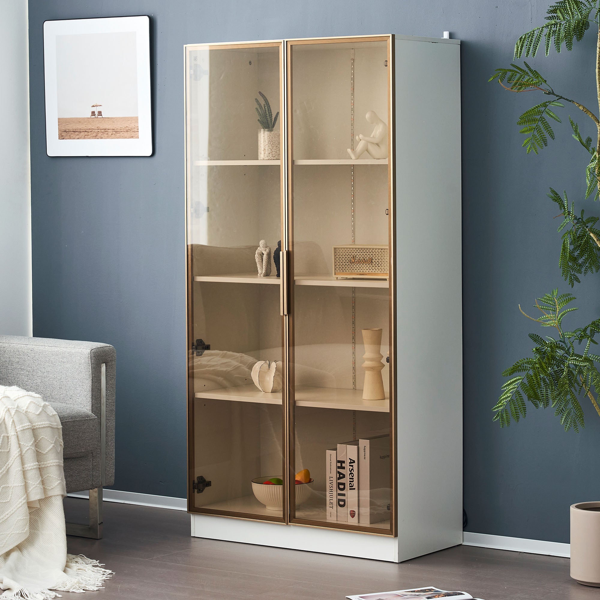 Glass Display Cabinet, 16-Color LED Lighting, Movable Shelves, 80x40x160cm, Freestanding, Glass