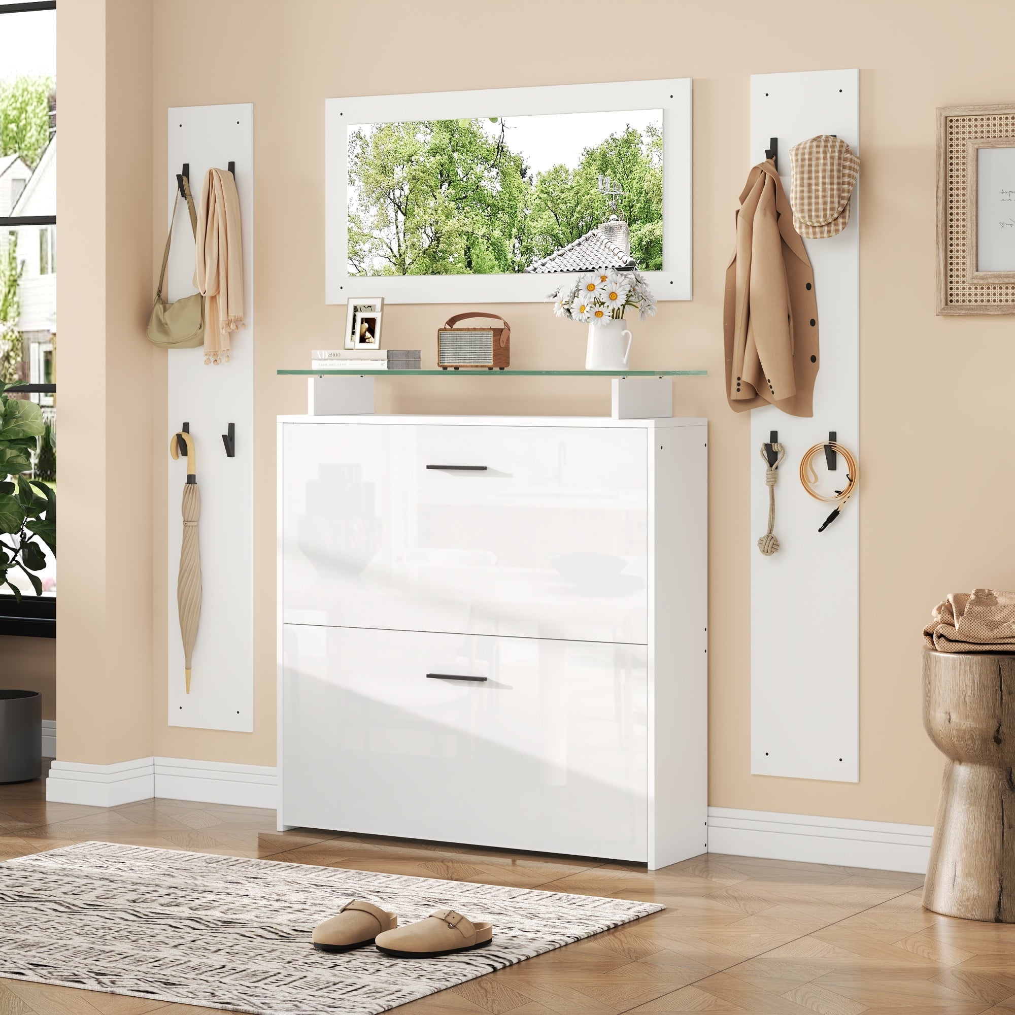 Wardrobe Set 4-Piece with Mirror Shoe Cabinet 8 Hooks, High-Gloss White
