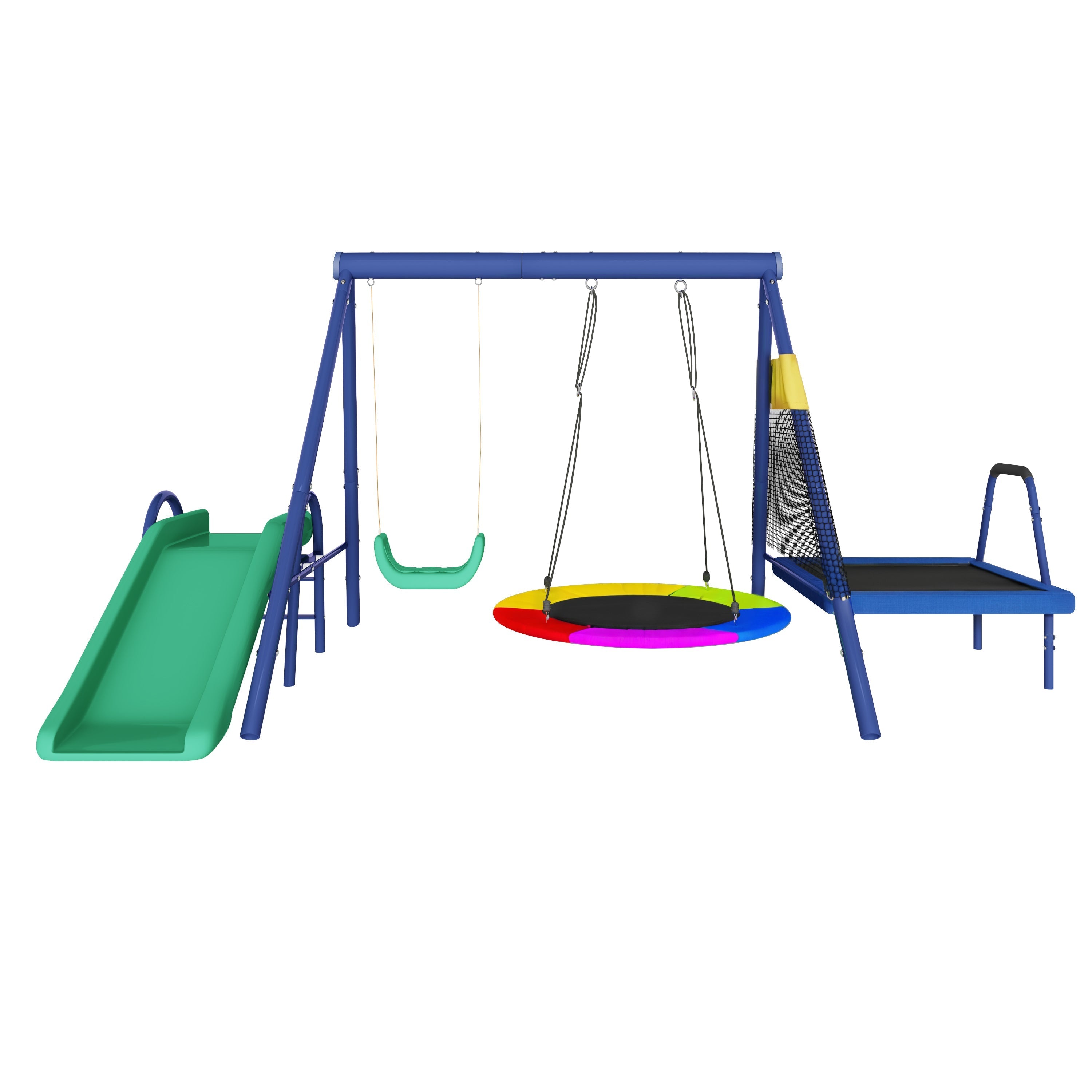 Multifunctional outdoor swing set with slide, trampoline, round nest swing, and plastic swing, safe and durable