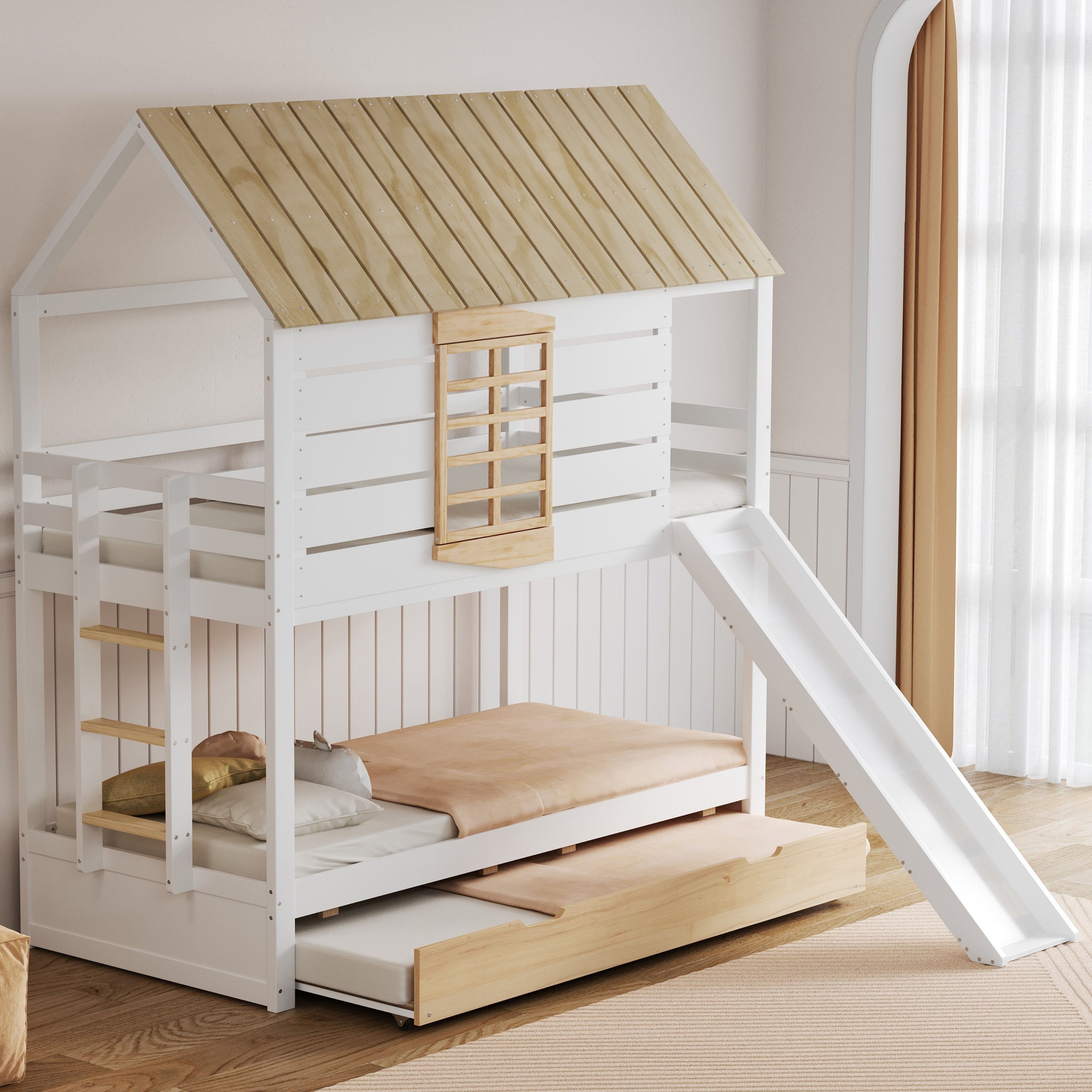 House-Shaped Bunk Bed with Slide and Pull-Out Bed, 90x200, White and Natural Pine