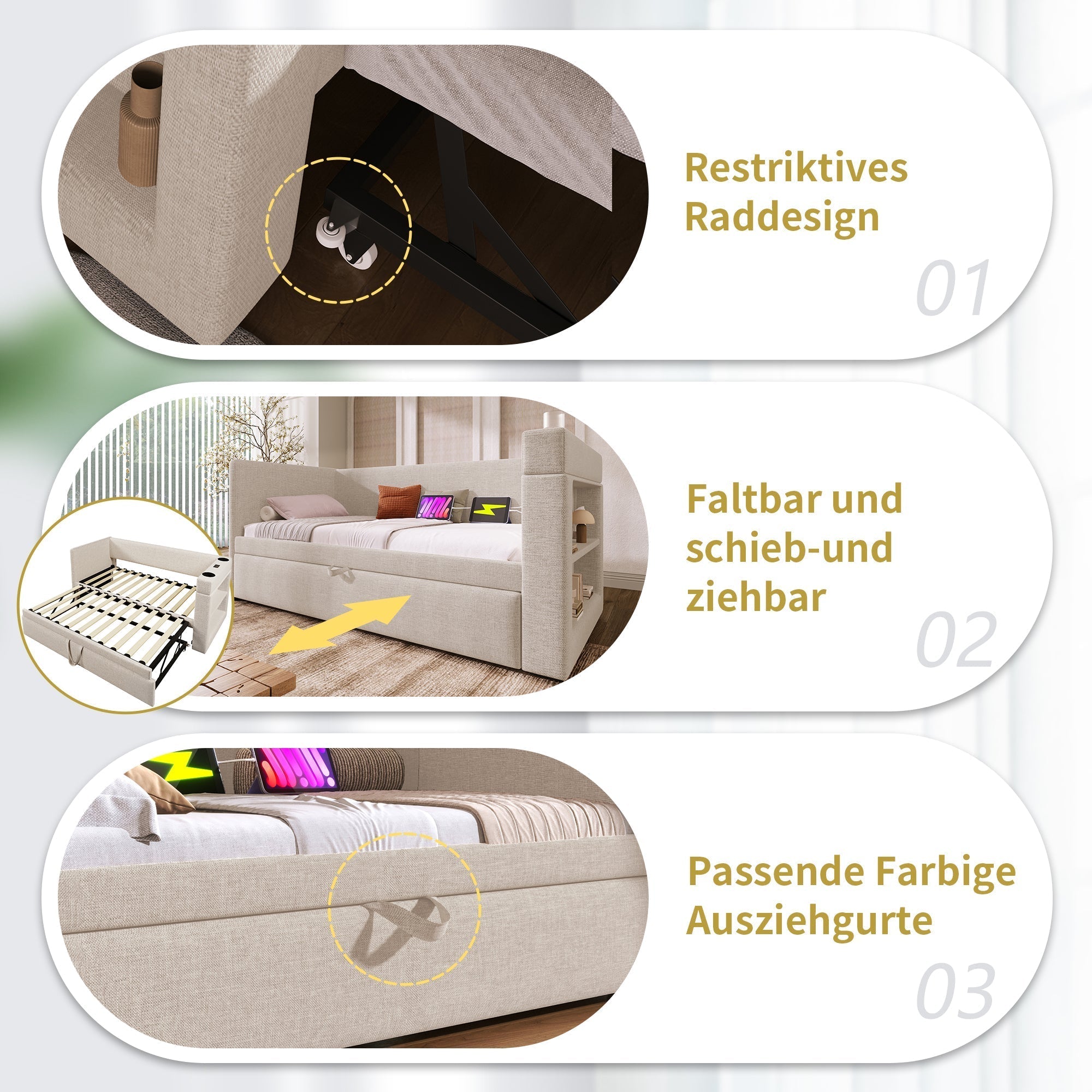 Upholstered Daybed Sofa Bed 90x190cm Pull-Out USB/Type-C Charger, Beige Linen Blend