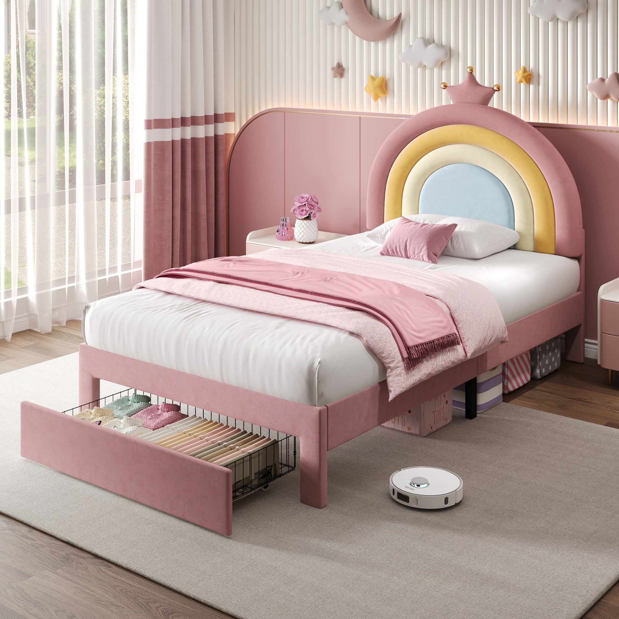 3ft Single Upholstered Bed with Adjustable Rainbow Headboard, Soft Velvet Bed Frame with Storage Drawer, Pink