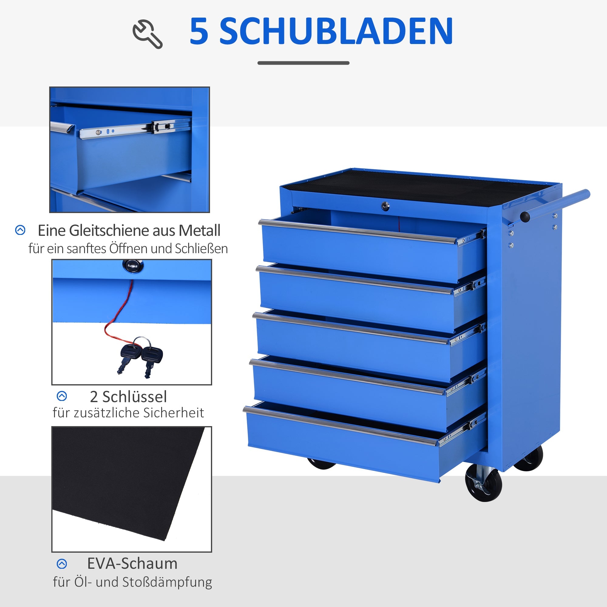 Workshop trolley 5 drawers, mobile tool trolley, red