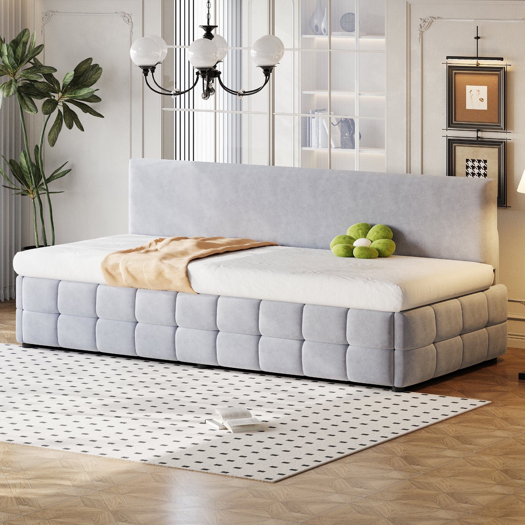 Upholstered Sofa Bed 90x200cm Hydraulic Storage Classic Check Pattern Light Grey Velvet