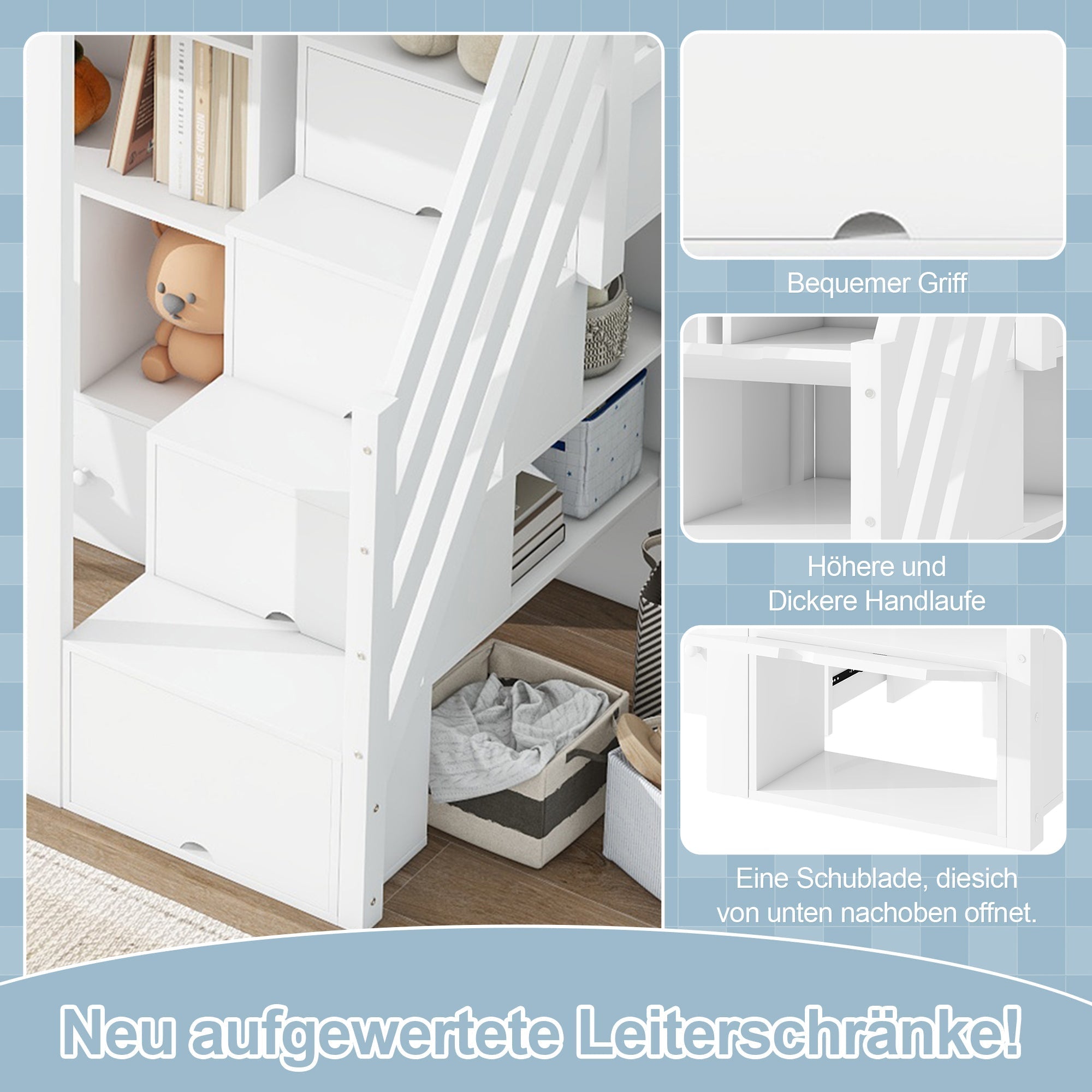 Loft Bed 90x200cm Desk Drawers Storage Stowable Ladder EN 747 Certified White