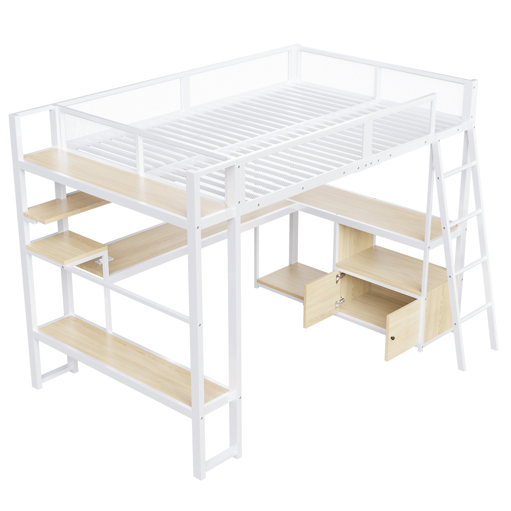 Metal Gaming Loft Bed with Integrated Workspace and LED Lighting, White