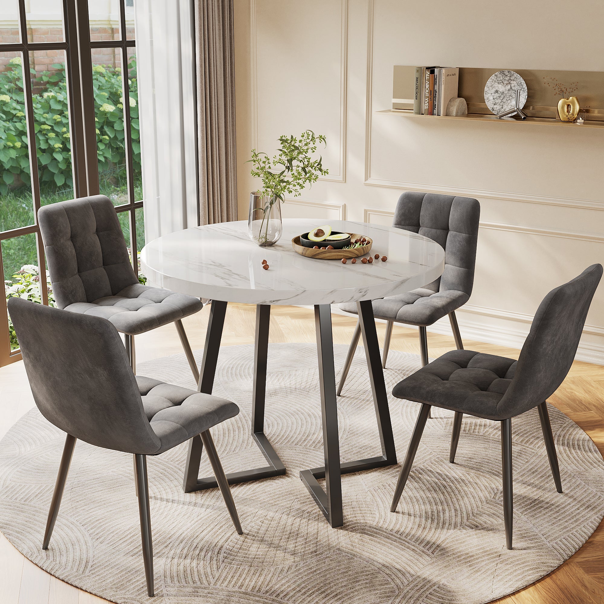 5-Piece Dining Set Round 80cm Table 4 Chairs Black Metal Legs White MDF Dark Grey Velvet
