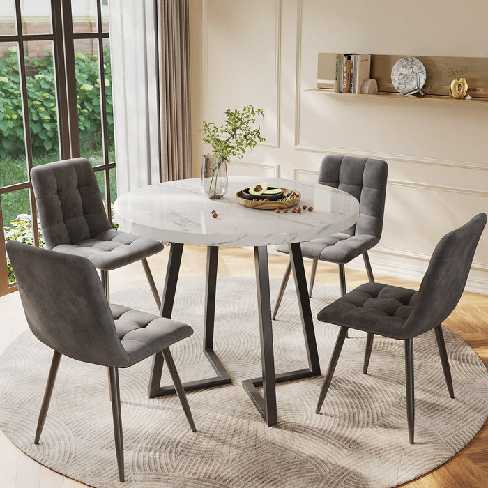 5-Piece Dining Set Round 80cm Table 4 Chairs Black Metal Legs White MDF Dark Grey Velvet